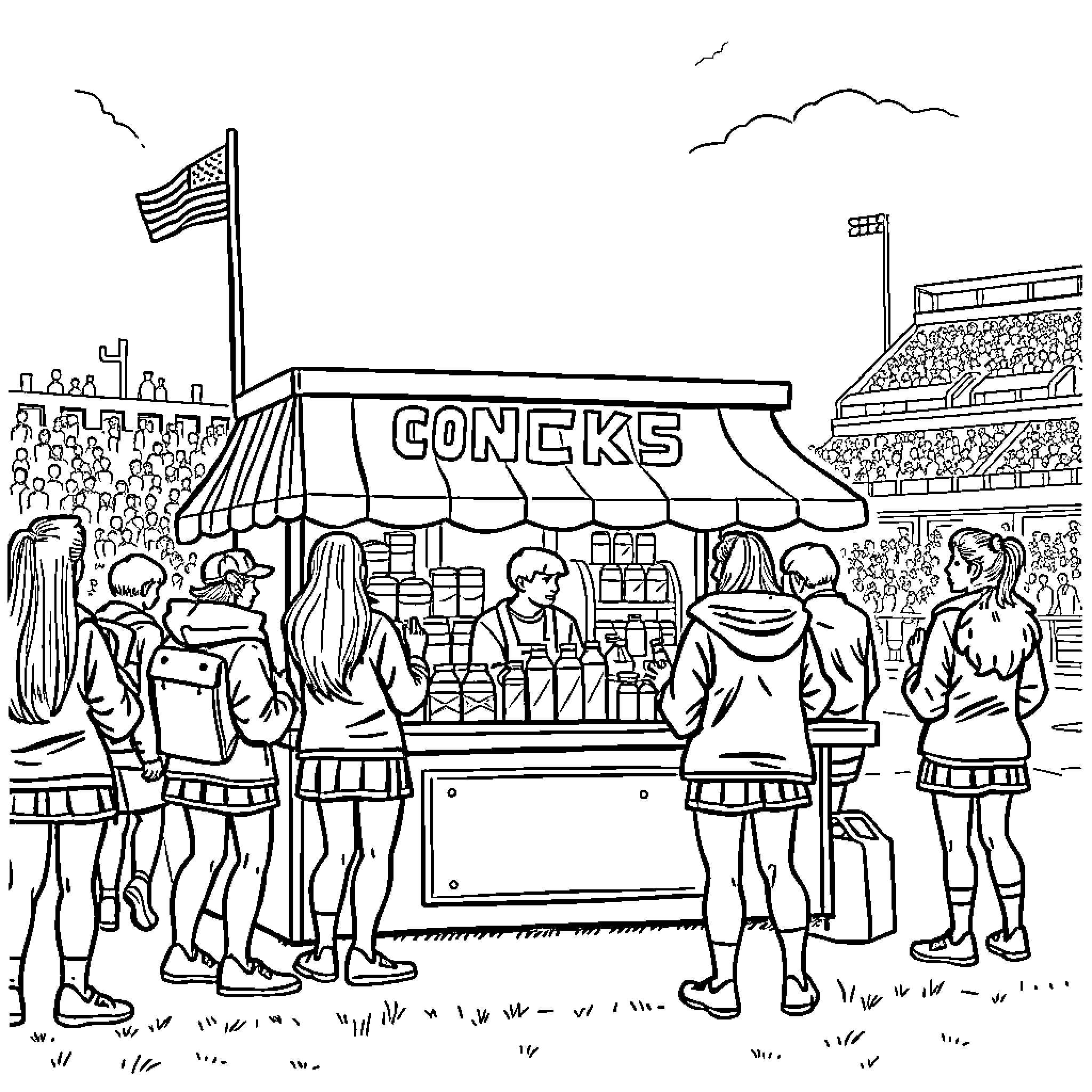 Concession Stand at a Sporting Event Coloring Page (free black-and-white line drawing printable PDF for all, from beginners to advanced learners, including children, teens, adults, and seniors)