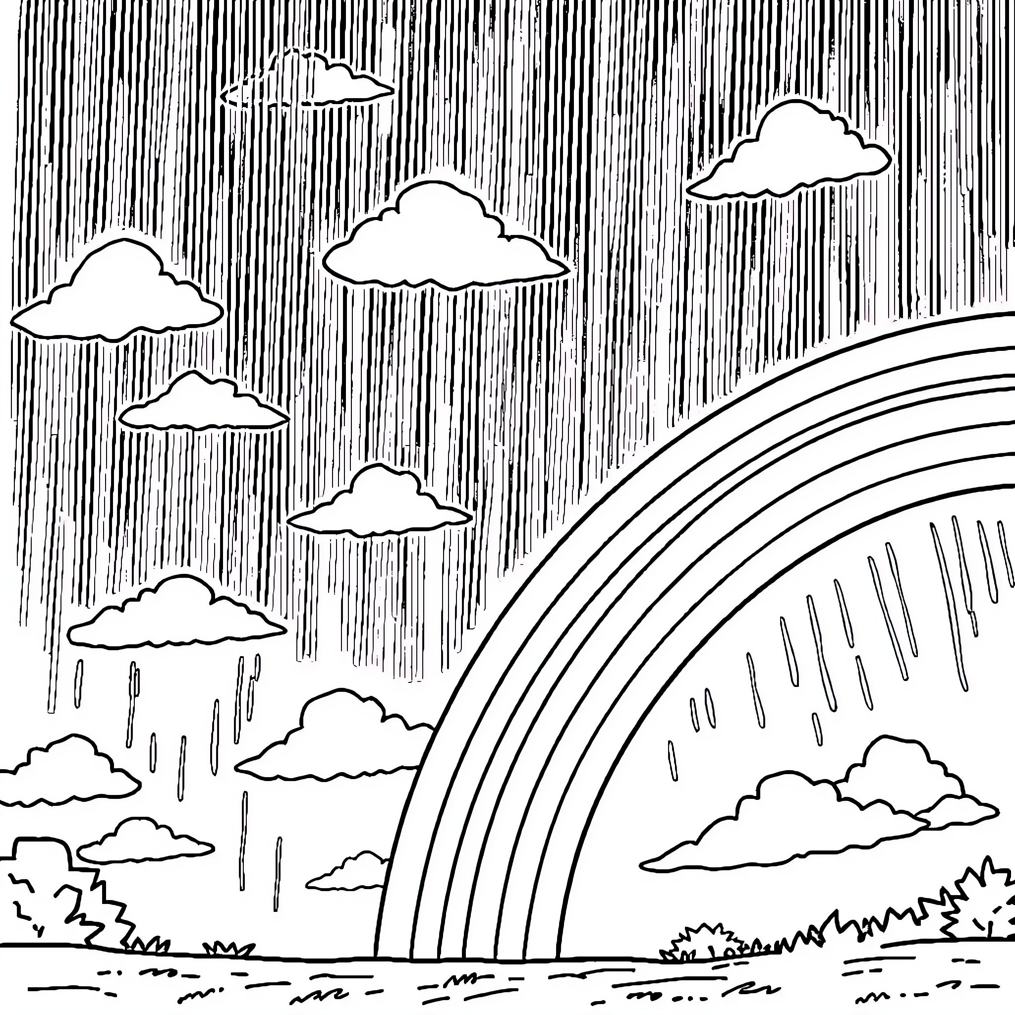 Rainbow Appears Amidst Rainy Clouds in Countryside Coloring Page (free black-and-white line drawing printable PDF for all, from beginners to advanced learners, including children, teens, adults, and seniors)