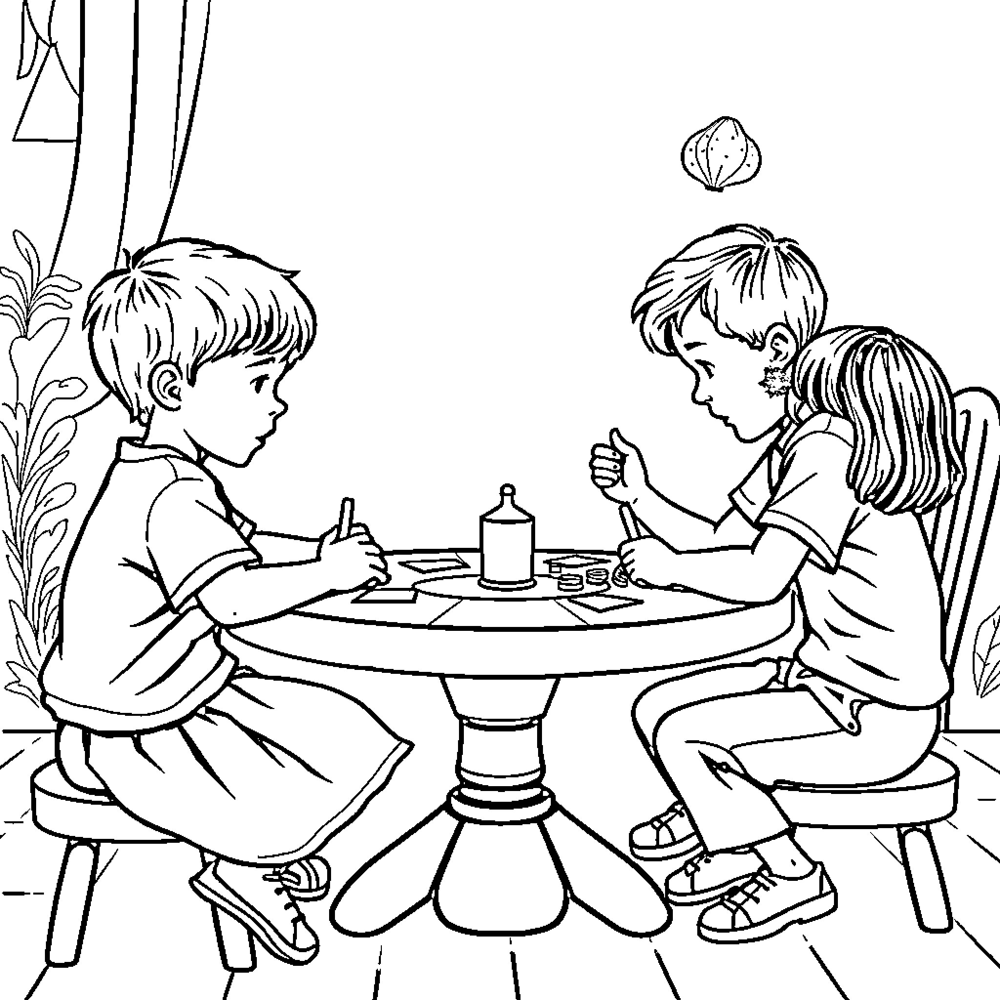Children enjoying a snack together at the table Coloring Page (free black-and-white line drawing printable PDF for all, from beginners to advanced learners, including children, teens, adults, and seniors)