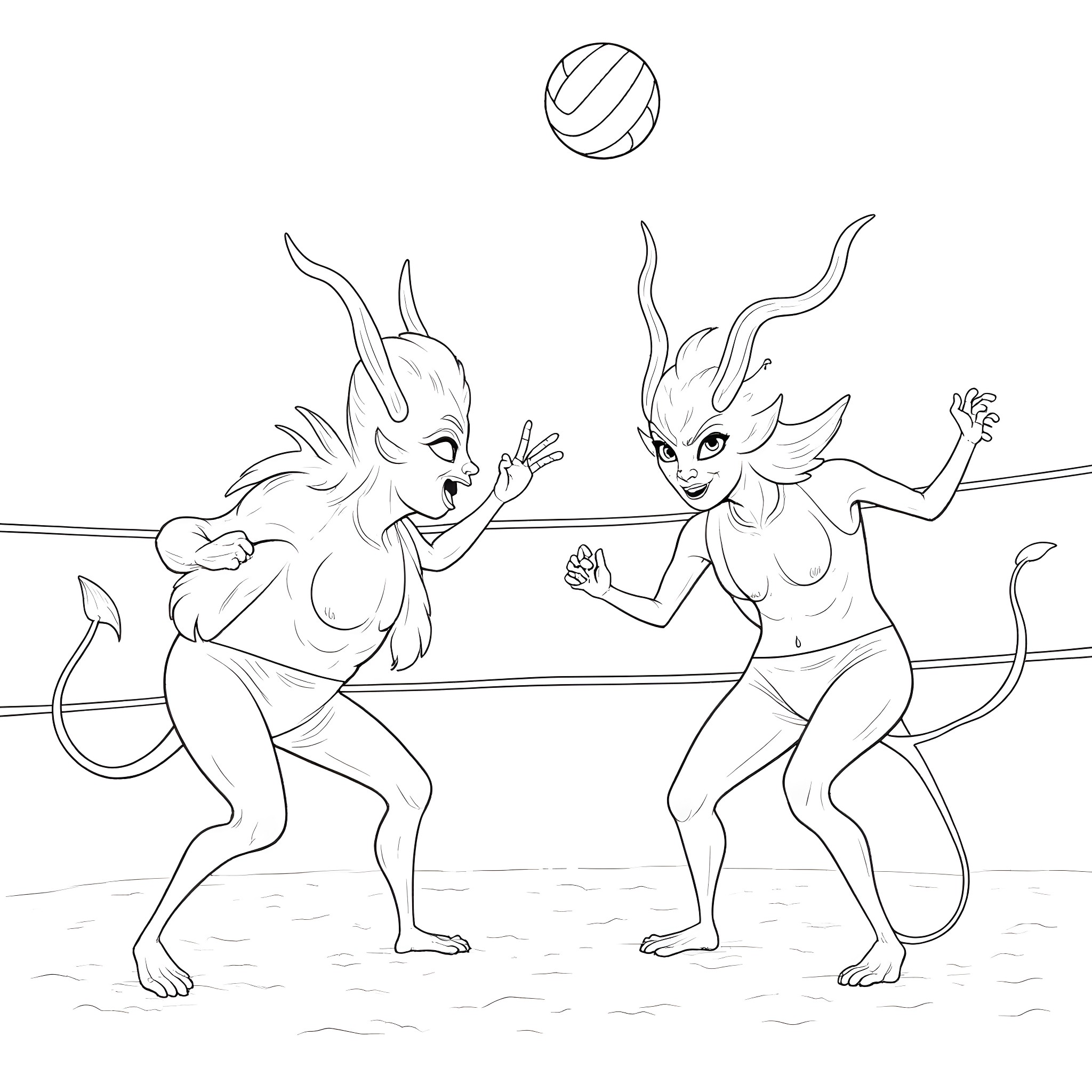 Demon creatures playing with a ball Coloring Page (free black-and-white line drawing printable PDF for all, from beginners to advanced learners, including children, teens, adults, and seniors)