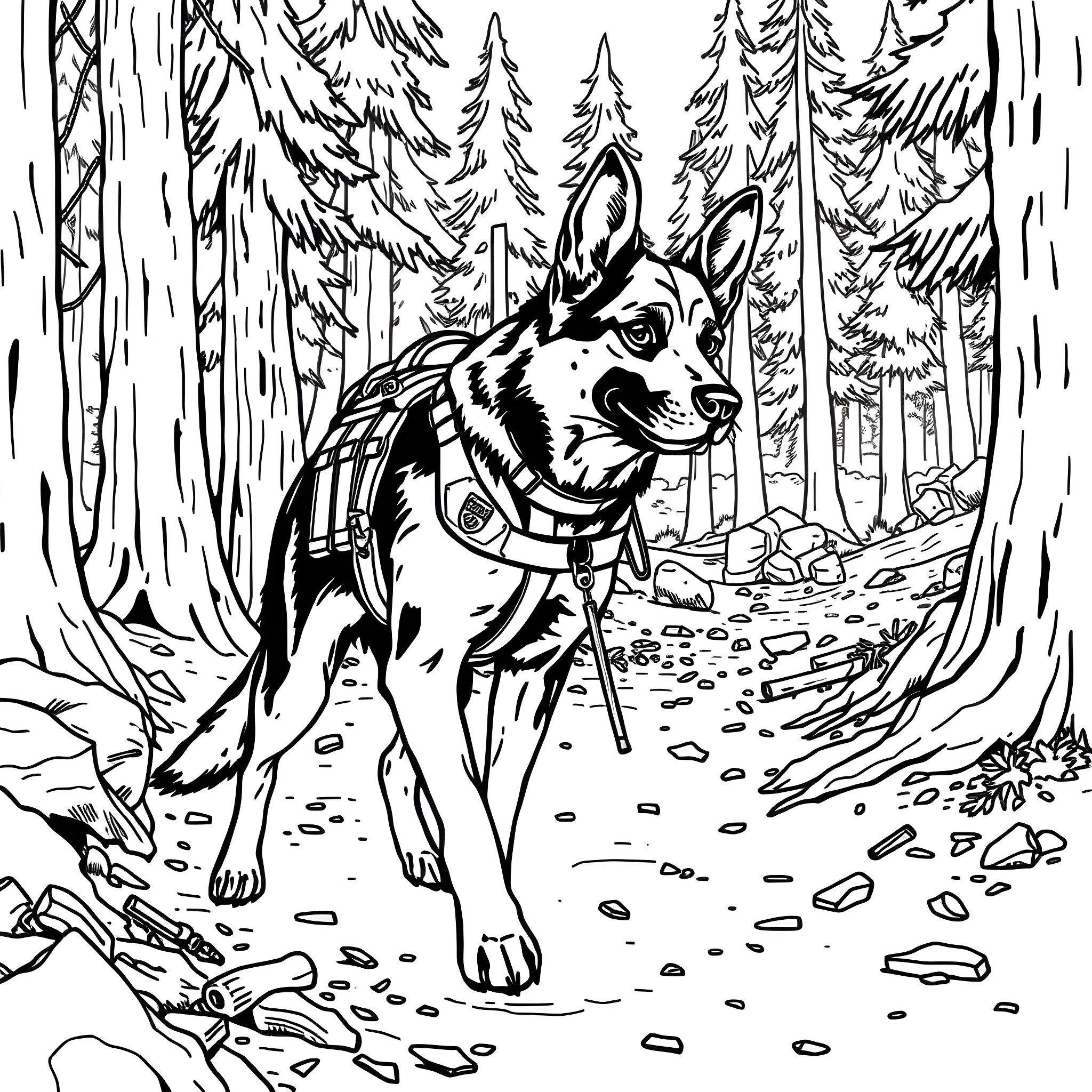 Police Dog Patrolling the Forest Coloring Page (free black-and-white line drawing printable PDF for all, from beginners to advanced learners, including children, teens, adults, and seniors)