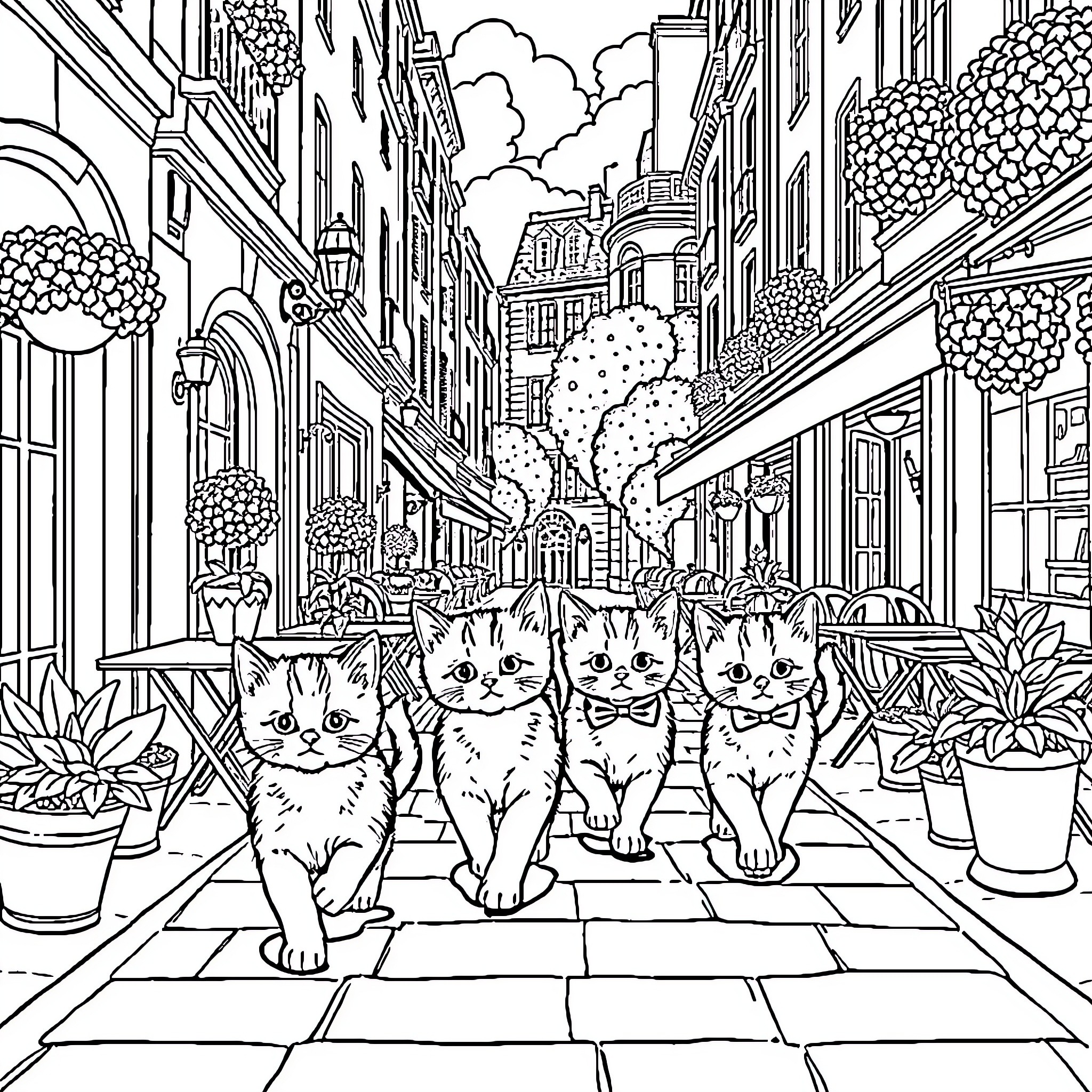 Aristocat Felines Exploring Charming Cobblestone Street Coloring Page (free black-and-white line drawing printable PDF for all, from beginners to advanced learners, including children, teens, adults, and seniors)