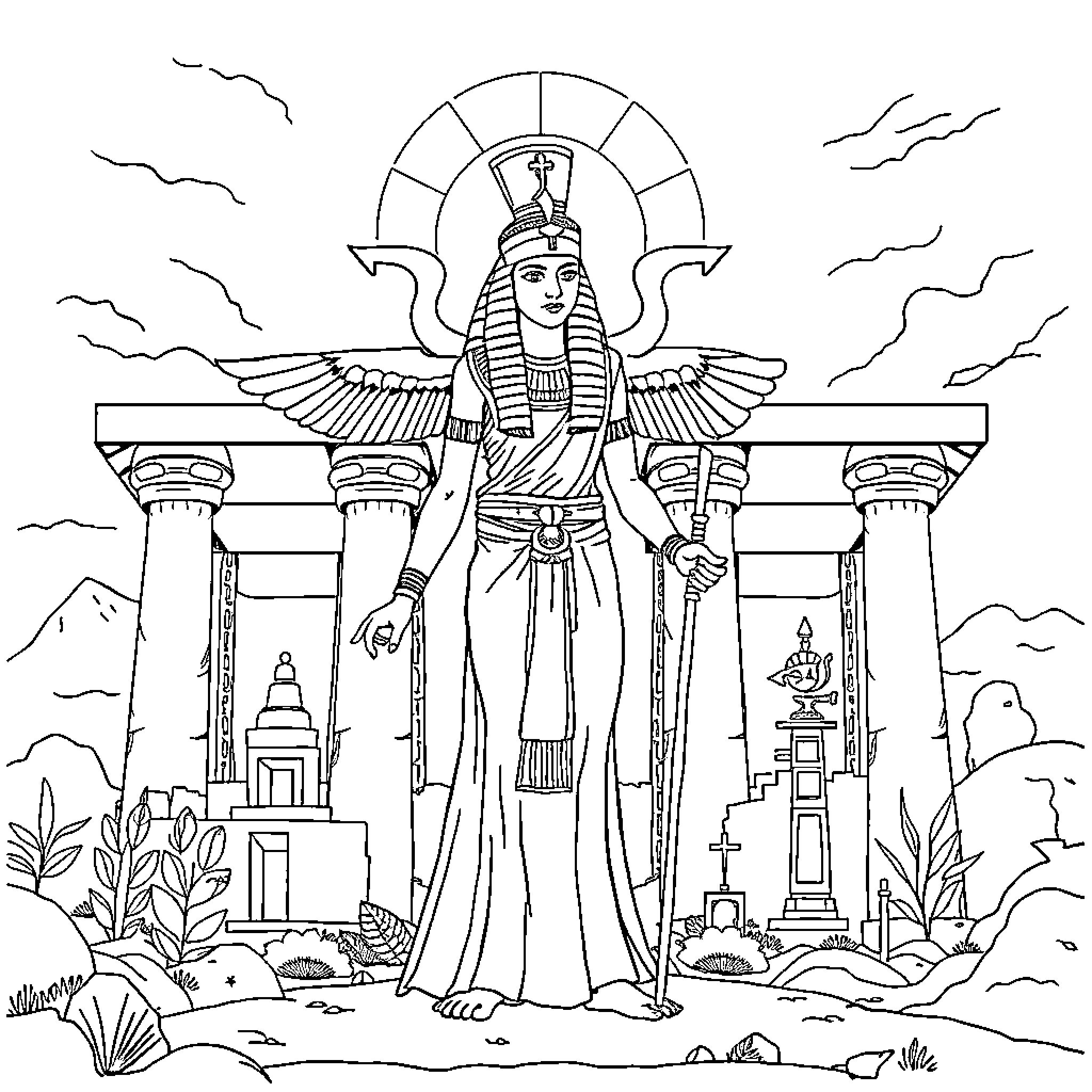 Egyptian God in Majestic Pose with Winged Headdress Coloring Page (free black-and-white line drawing printable PDF for all, from beginners to advanced learners, including children, teens, adults, and seniors)
