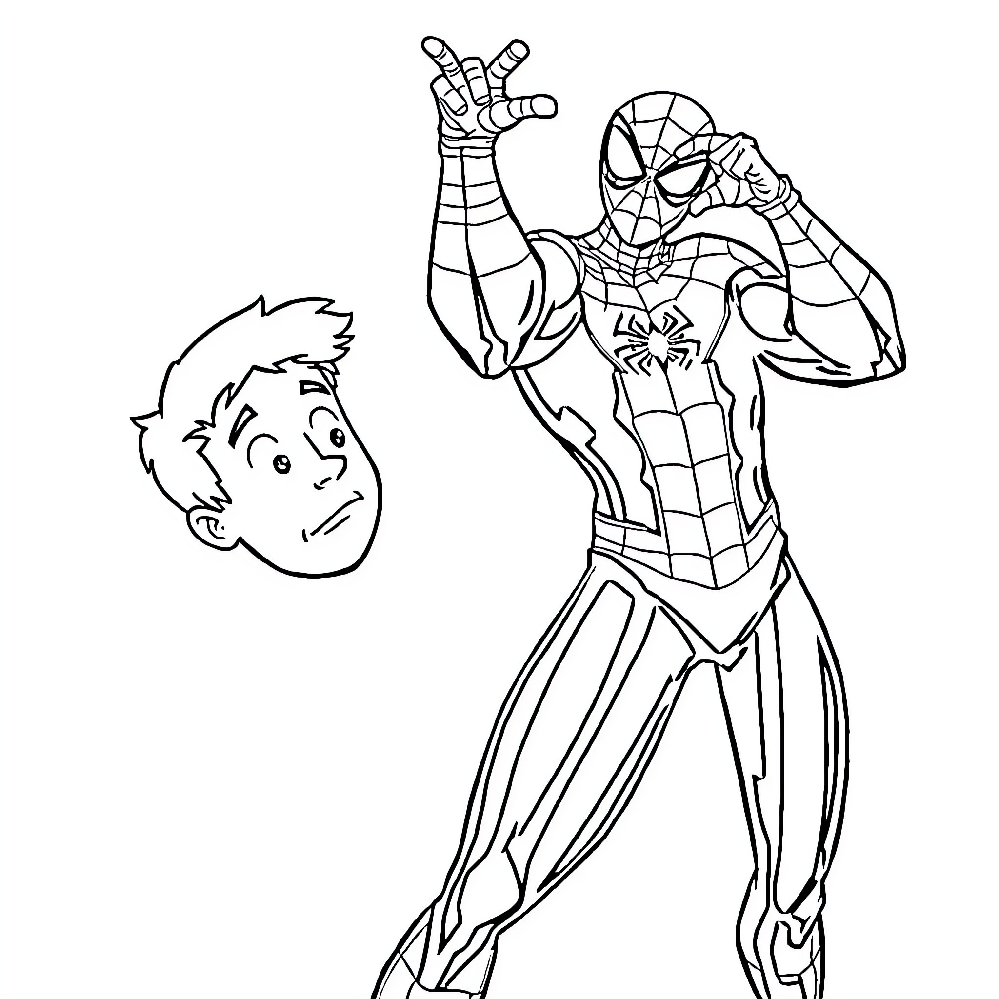 Spiderman swinging into action with young boy Coloring Page (free black-and-white line drawing printable PDF for all, from beginners to advanced learners, including children, teens, adults, and seniors)