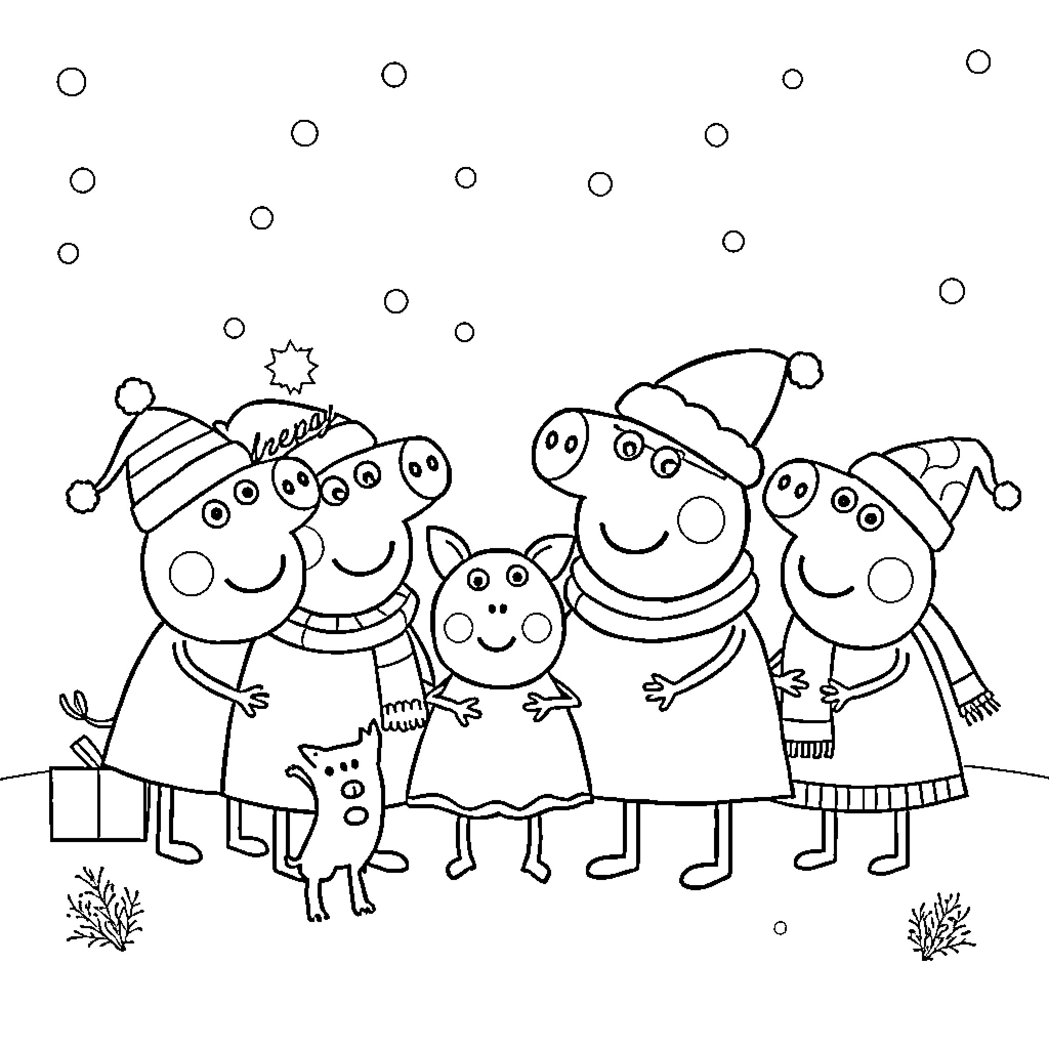 Peppa Pig family in winter outfits Coloring Page (free black-and-white line drawing printable PDF for all, from beginners to advanced learners, including children, teens, adults, and seniors)