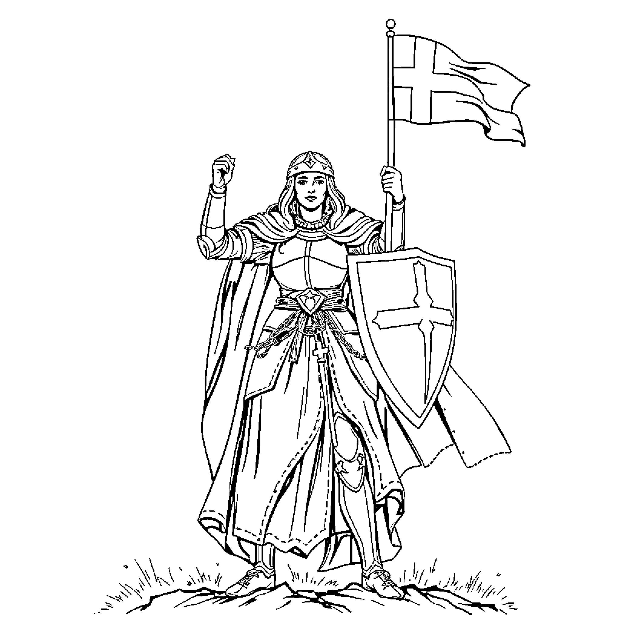 Jeanne d'Arc Boldly Holding the Flag and Shield Coloring Page (free black-and-white line drawing printable PDF for all, from beginners to advanced learners, including children, teens, adults, and seniors)