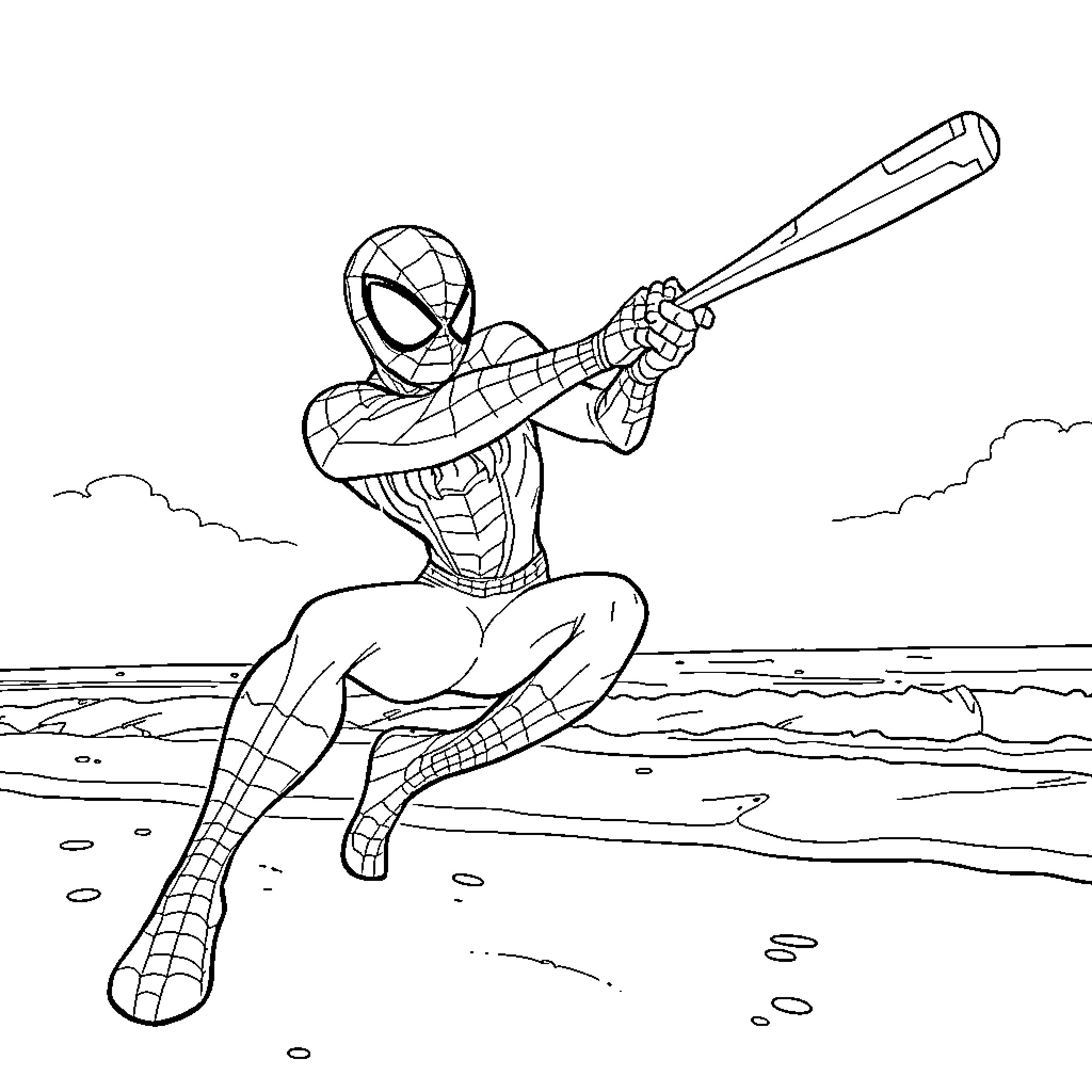 Spiderman swinging on web at the beach Coloring Page (free black-and-white line drawing printable PDF for all, from beginners to advanced learners, including children, teens, adults, and seniors)