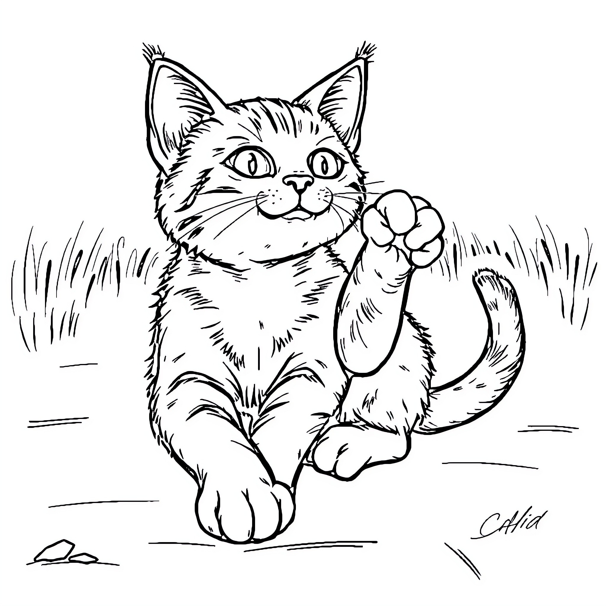 Cat waving and sitting in the grass Coloring Page (free black-and-white line drawing printable PDF for all, from beginners to advanced learners, including children, teens, adults, and seniors)