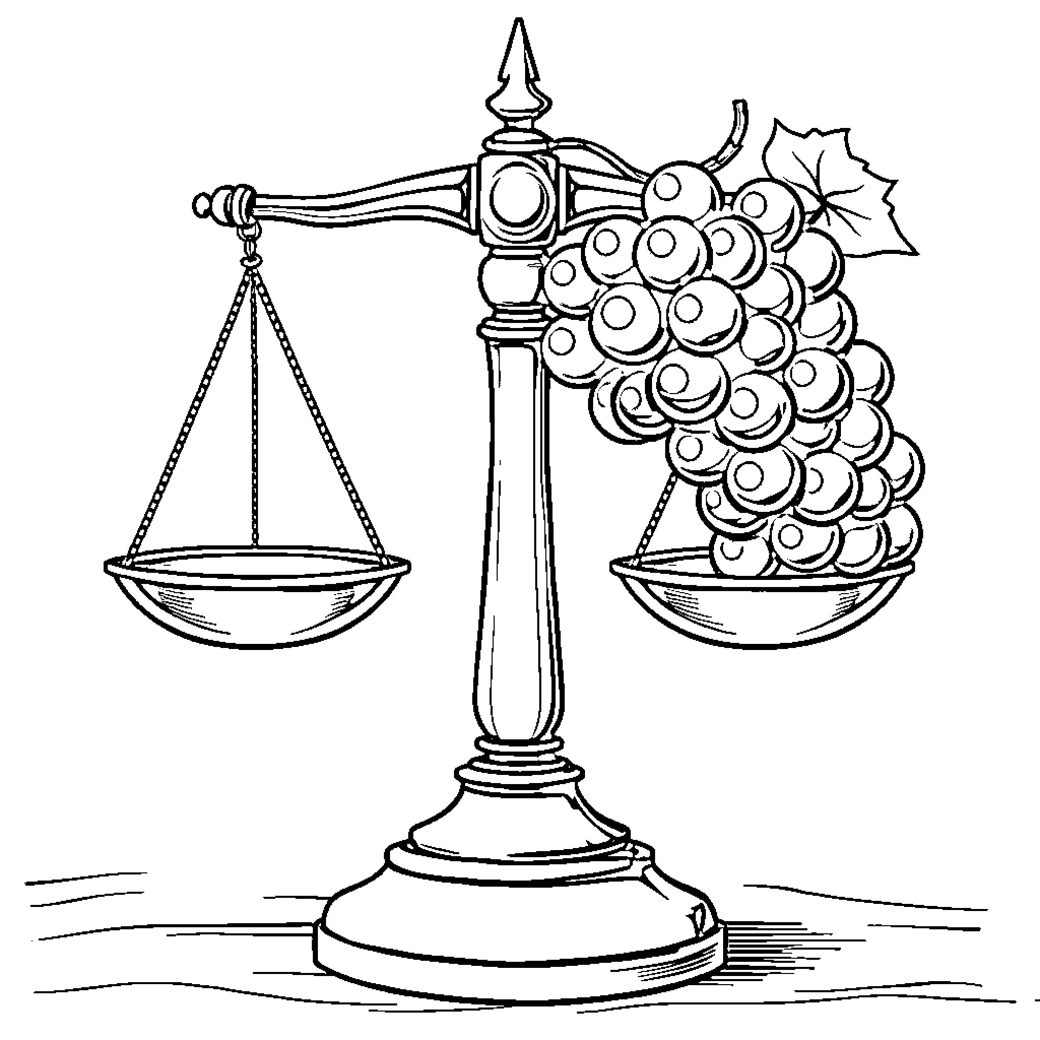 Scales of justice with cluster of grapes Coloring Page (free black-and-white line drawing printable PDF for all, from beginners to advanced learners, including children, teens, adults, and seniors)