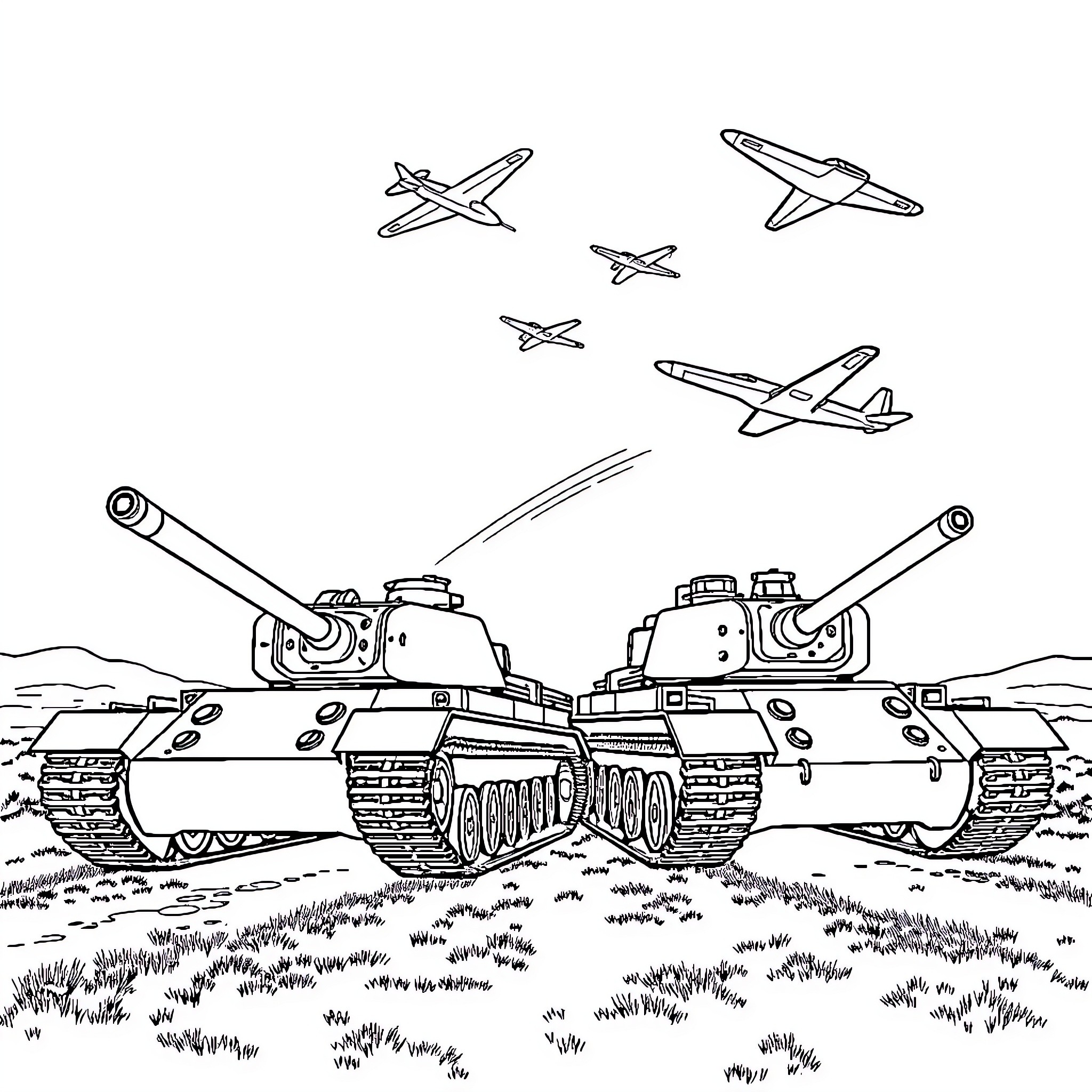 Tank battle scene with aircraft flying overhead Coloring Page (free black-and-white line drawing printable PDF for all, from beginners to advanced learners, including children, teens, adults, and seniors)