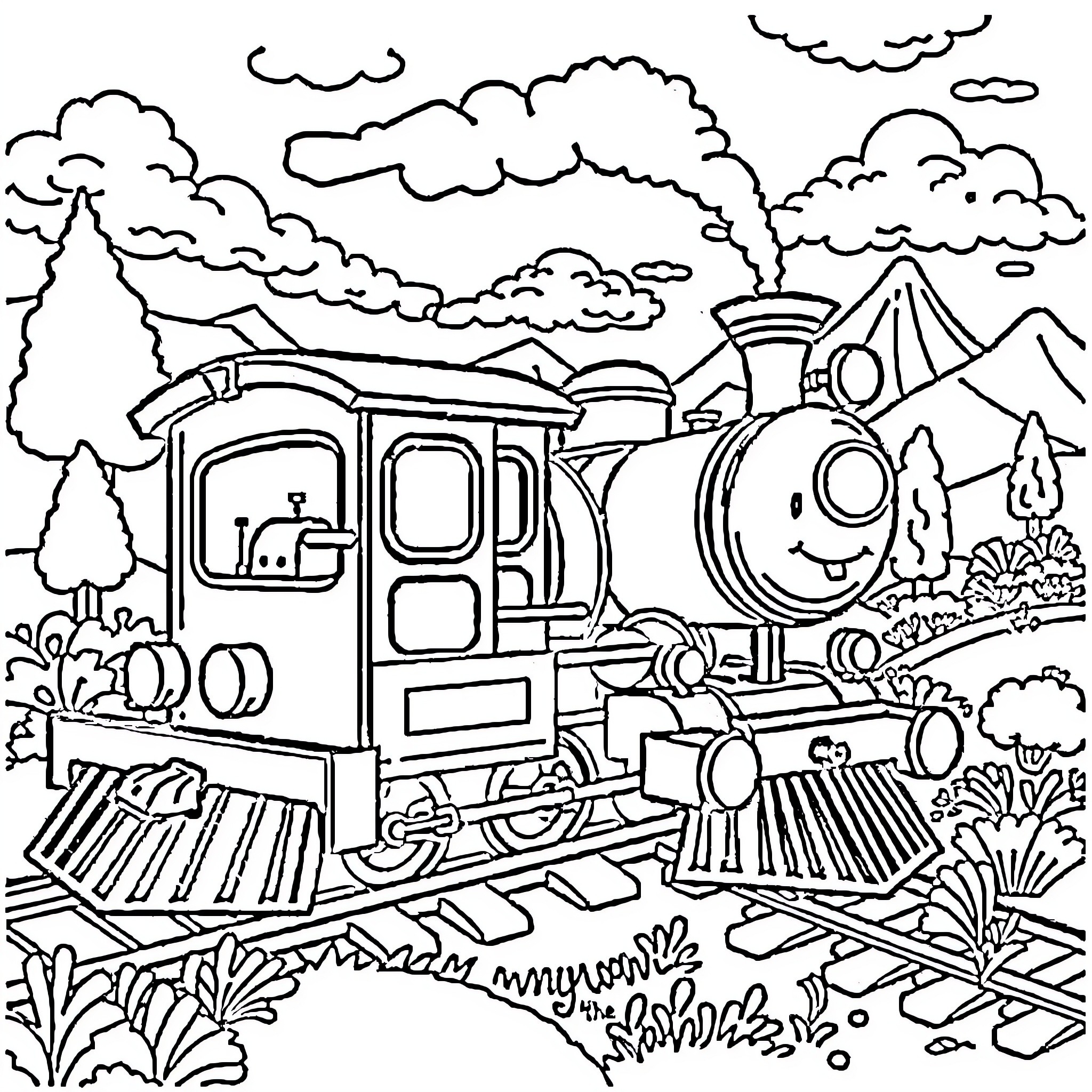 Train carrying passengers through scenic mountain landscape Coloring Page (free black-and-white line drawing printable PDF for all, from beginners to advanced learners, including children, teens, adults, and seniors)