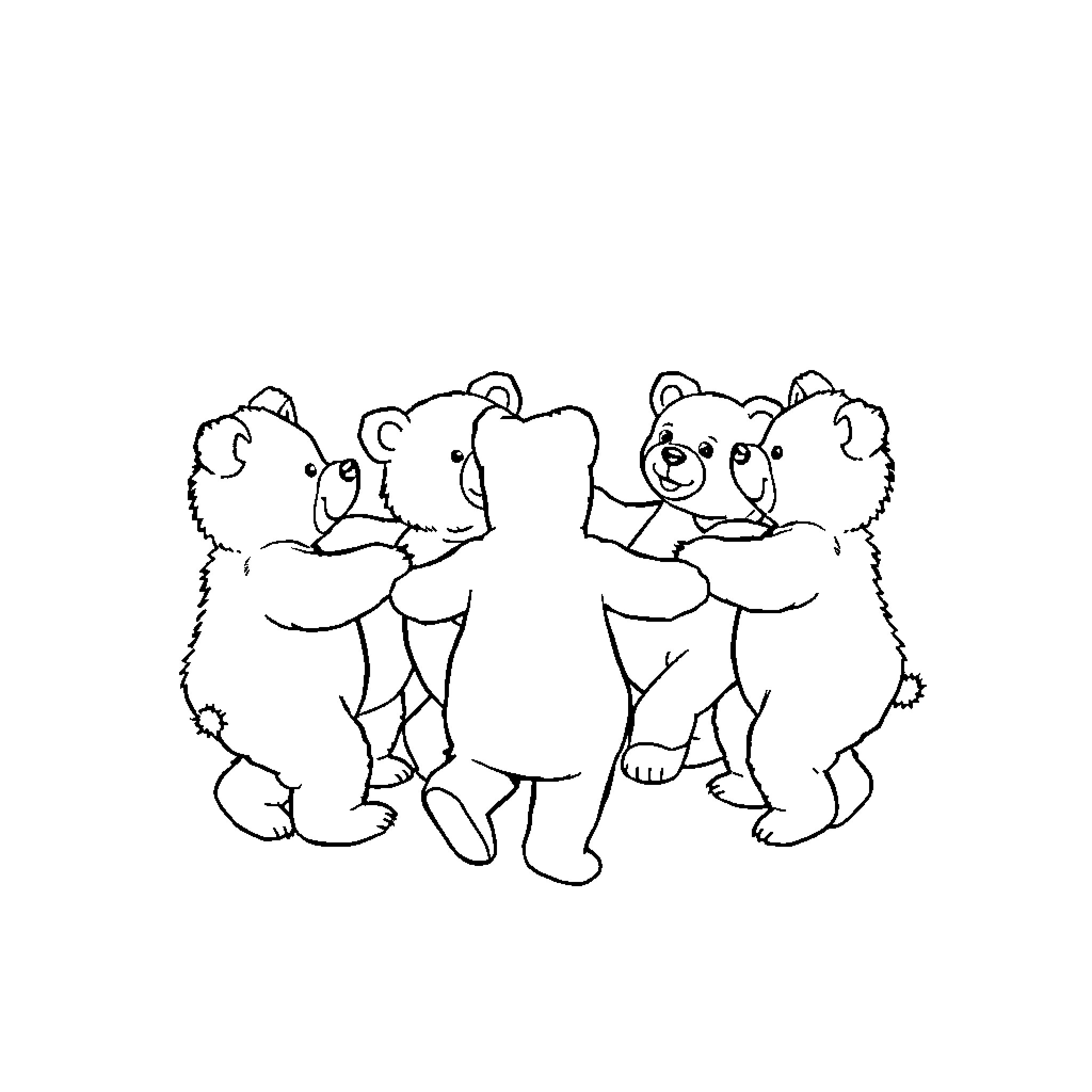 Bear cubs playing together in a group Coloring Page (free black-and-white line drawing printable PDF for all, from beginners to advanced learners, including children, teens, adults, and seniors)
