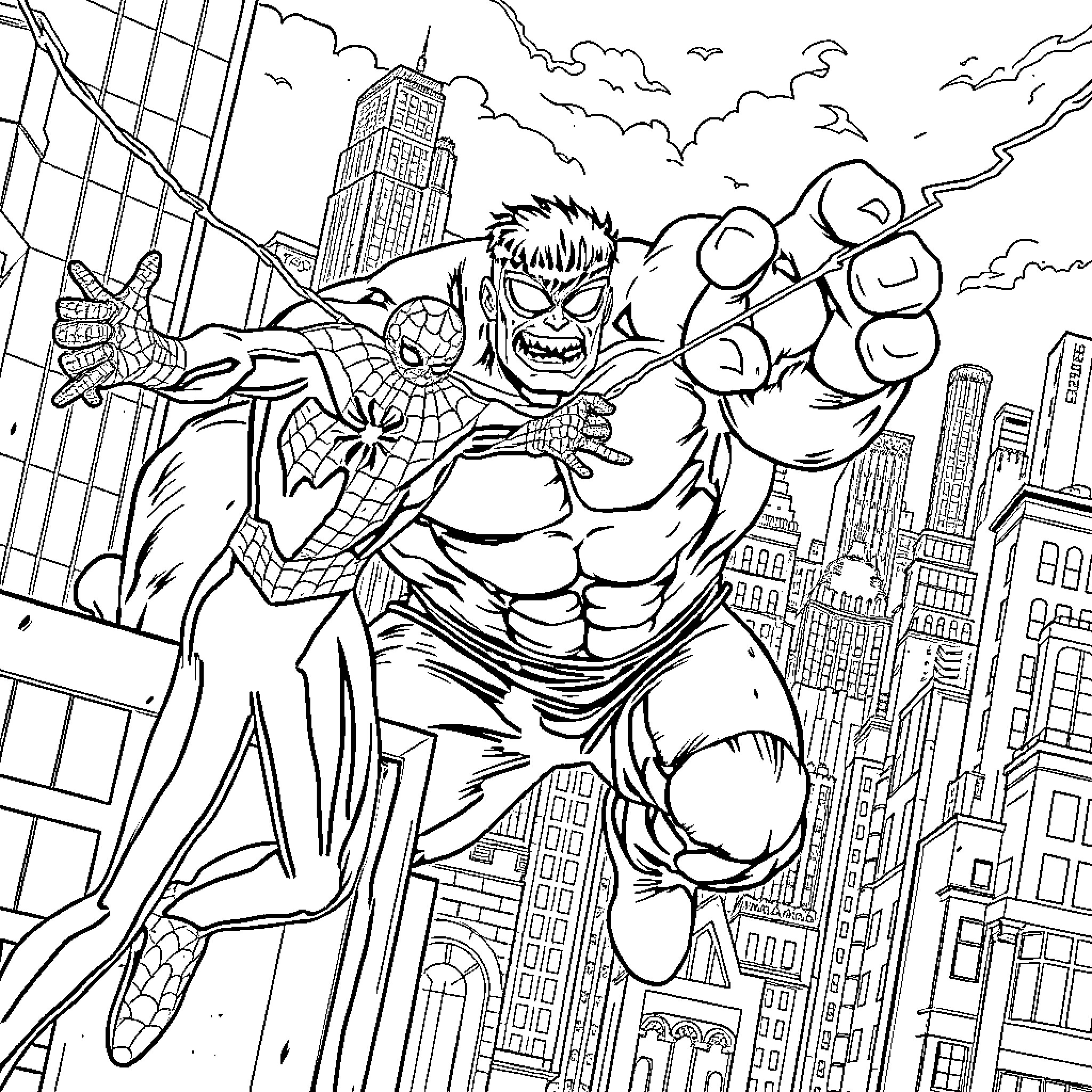 Spiderman swinging through the city skyline Coloring Page (free black-and-white line drawing printable PDF for all, from beginners to advanced learners, including children, teens, adults, and seniors)