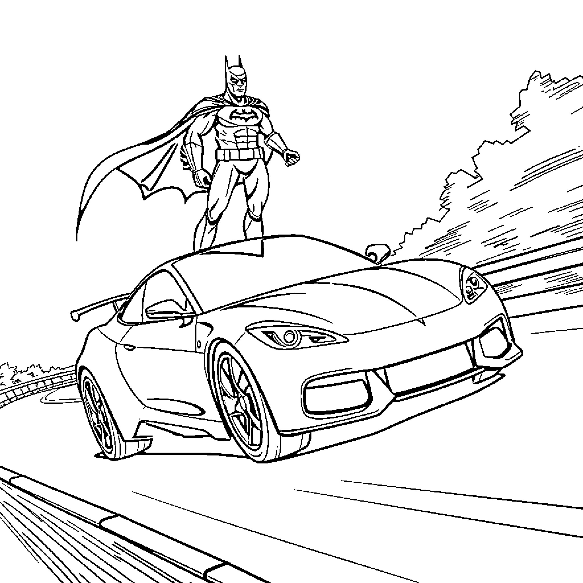 Car of a superhero races on the highway Coloring Page (free black-and-white line drawing printable PDF for all, from beginners to advanced learners, including children, teens, adults, and seniors)