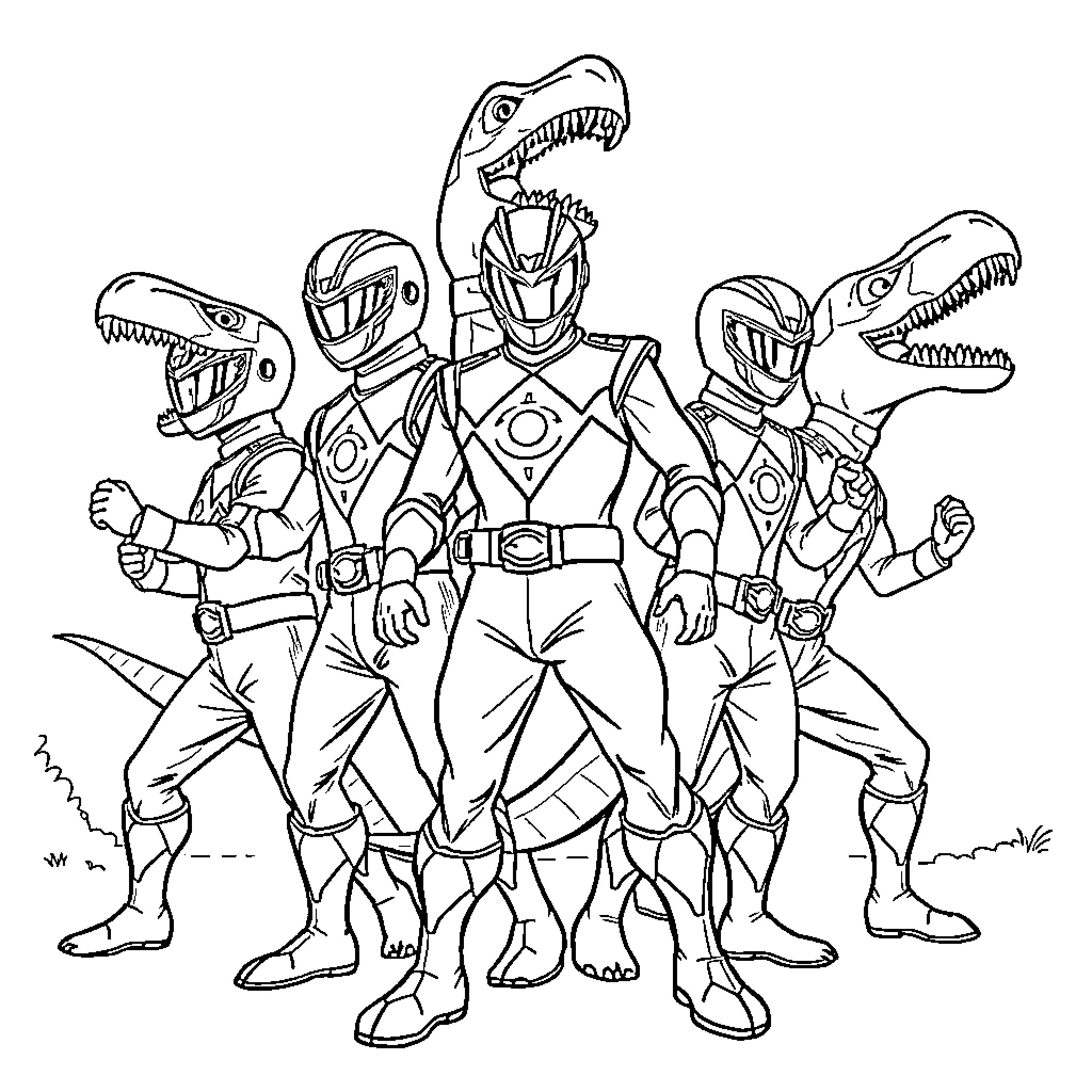 Dino Rangers in Action Coloring Page (free black-and-white line drawing printable PDF for all, from beginners to advanced learners, including children, teens, adults, and seniors)