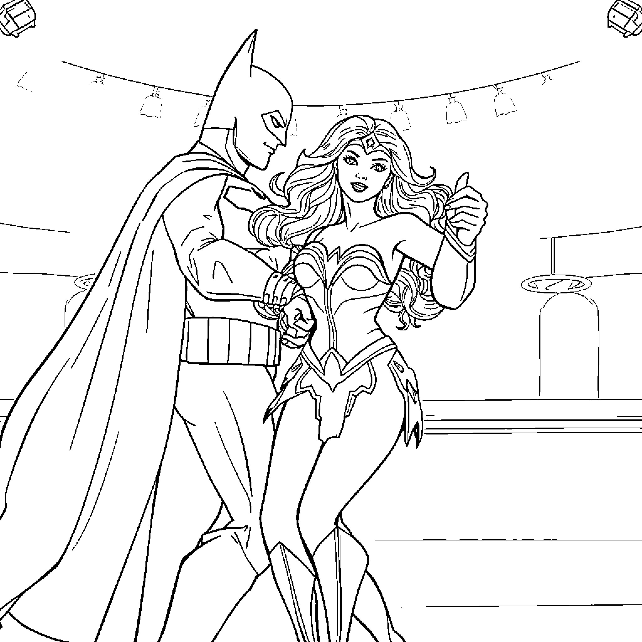 Wonder Woman and Batman Team Up for a Heroic Adventure Coloring Page (free black-and-white line drawing printable PDF for all, from beginners to advanced learners, including children, teens, adults, and seniors)