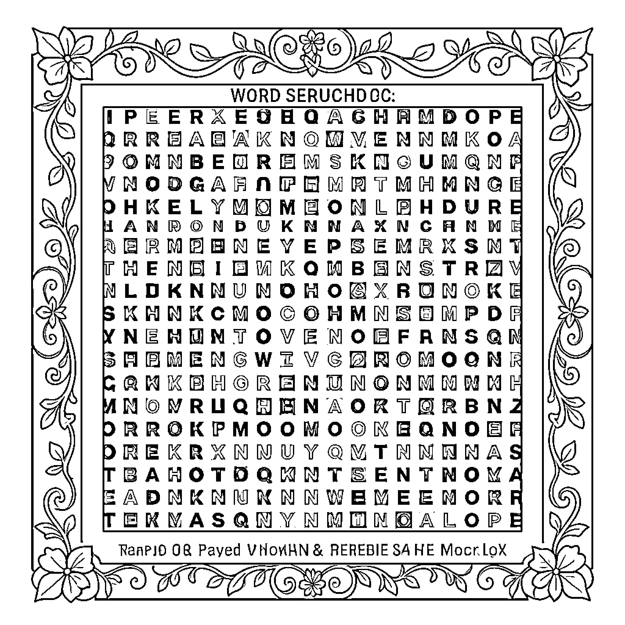 Word Search with Decorative Floral Border Coloring Page (free black-and-white line drawing printable PDF for all, from beginners to advanced learners, including children, teens, adults, and seniors)