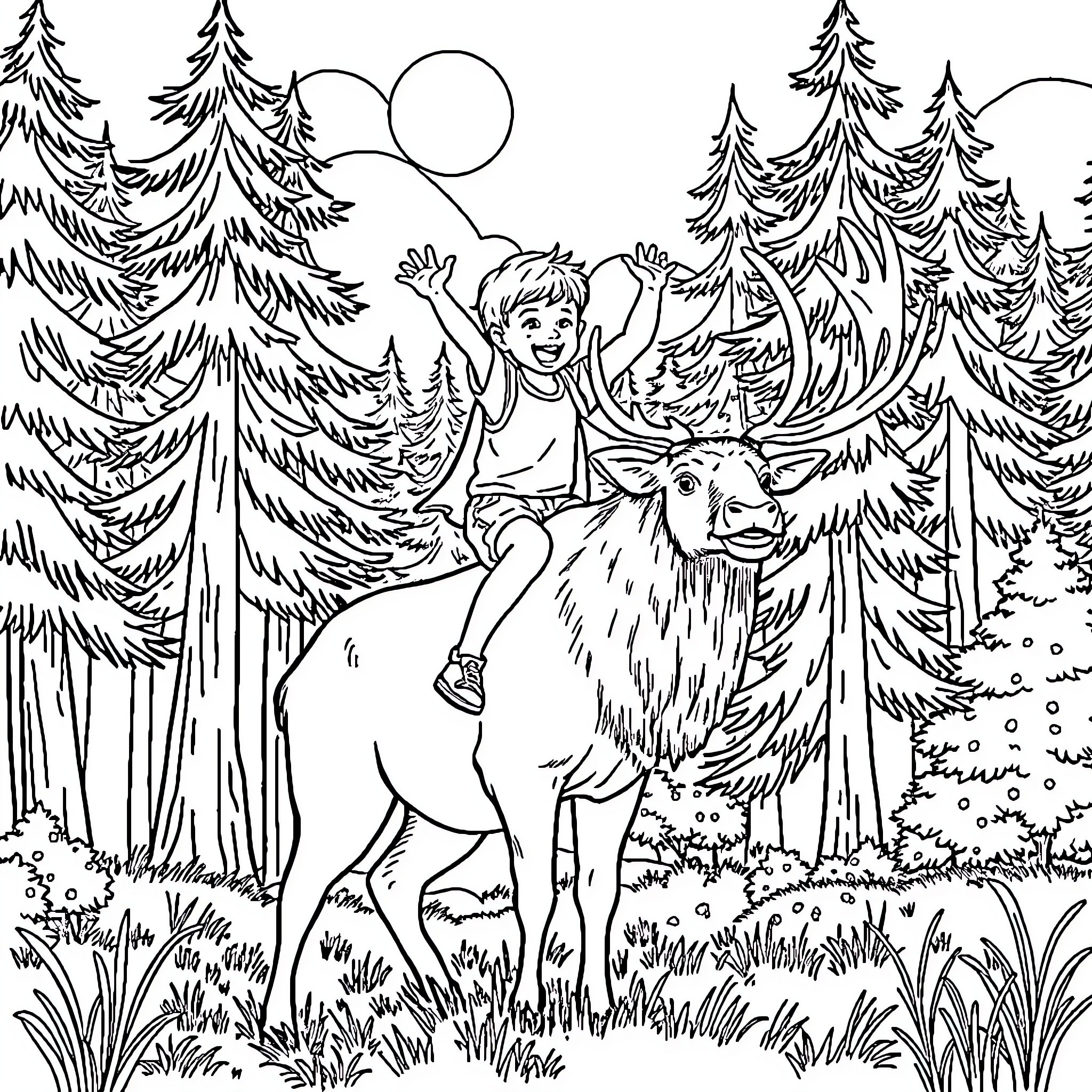 Boy riding joyfully on a deer in the forest Coloring Page (free black-and-white line drawing printable PDF for all, from beginners to advanced learners, including children, teens, adults, and seniors)
