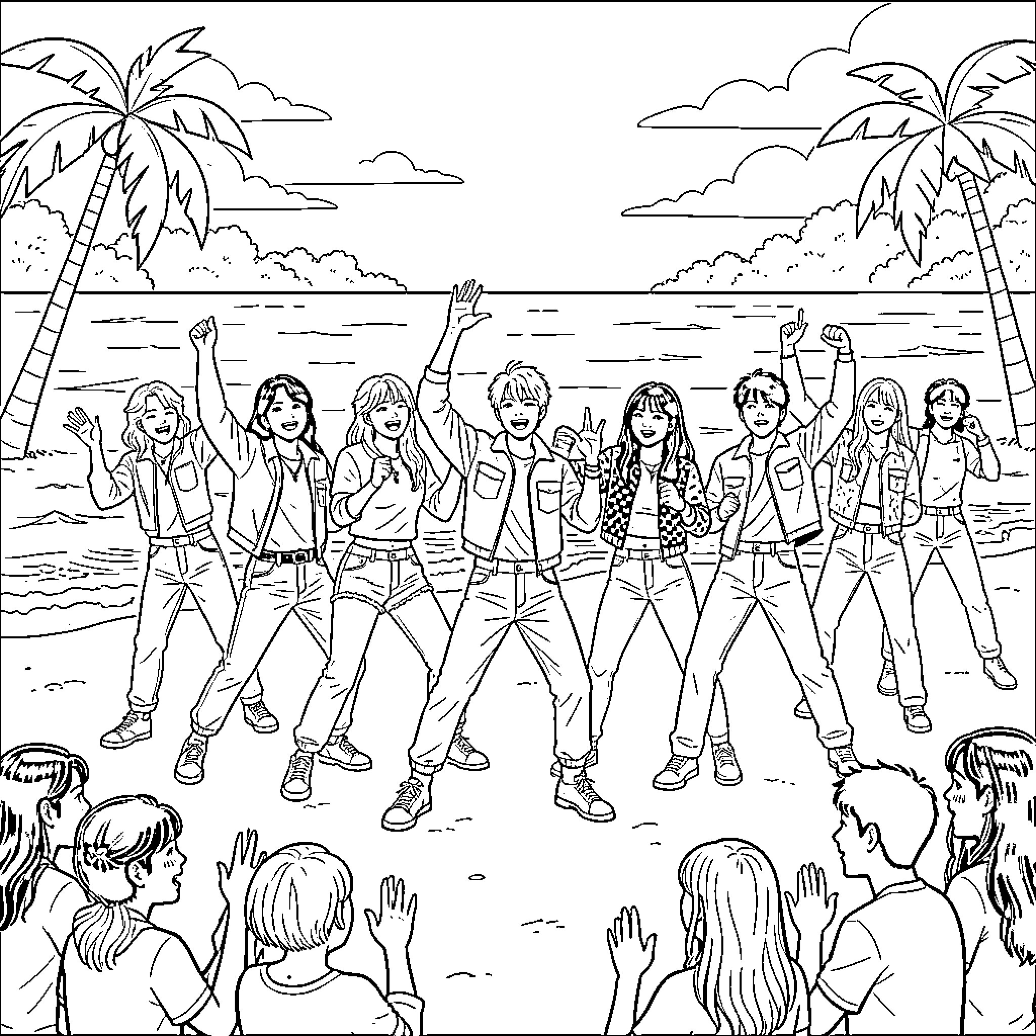 K Pop group performing energetic dance moves on a beach Coloring Page (free black-and-white line drawing printable PDF for all, from beginners to advanced learners, including children, teens, adults, and seniors)
