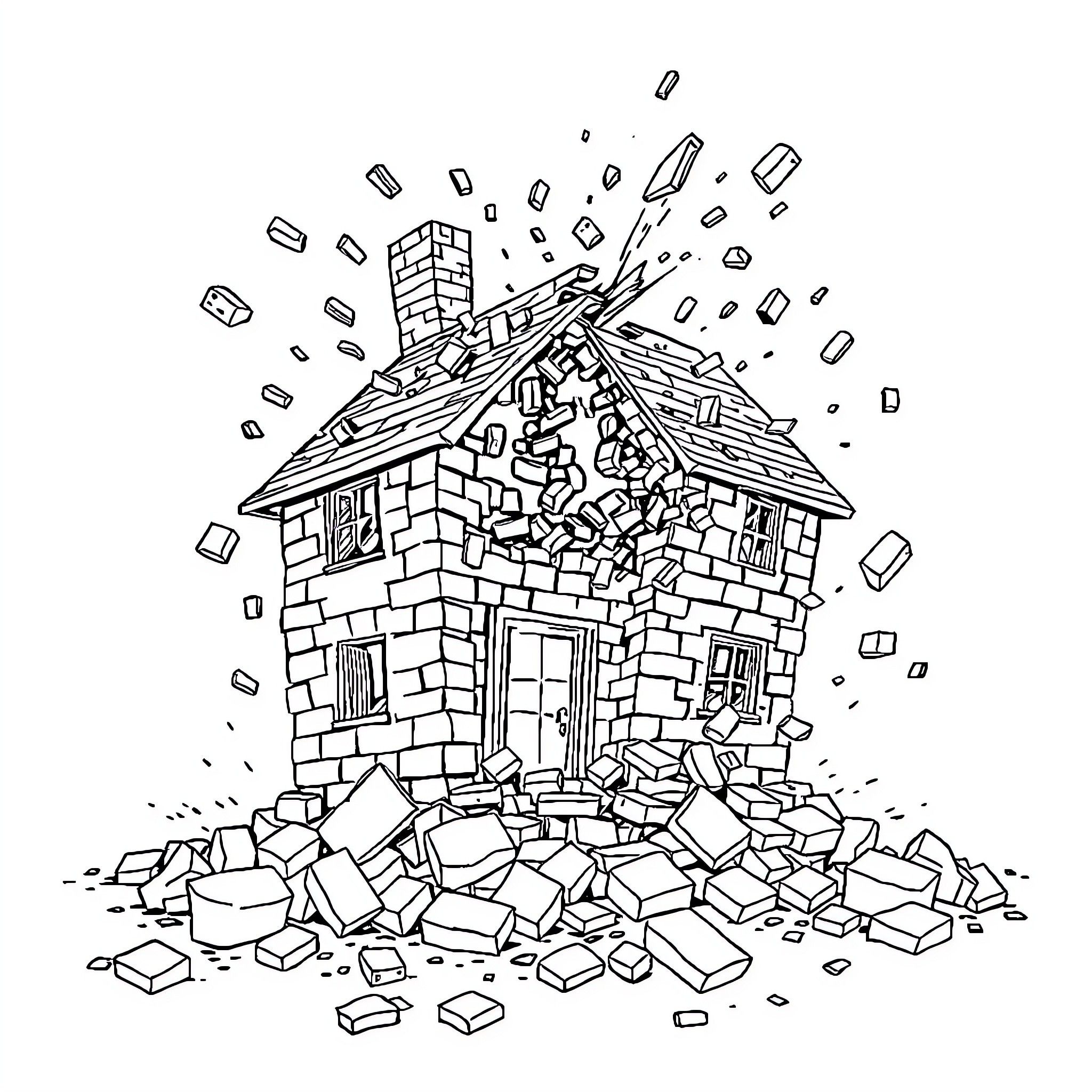 House Destroyed by Debris and Falling Bricks Coloring Page (free black-and-white line drawing printable PDF for all, from beginners to advanced learners, including children, teens, adults, and seniors)
