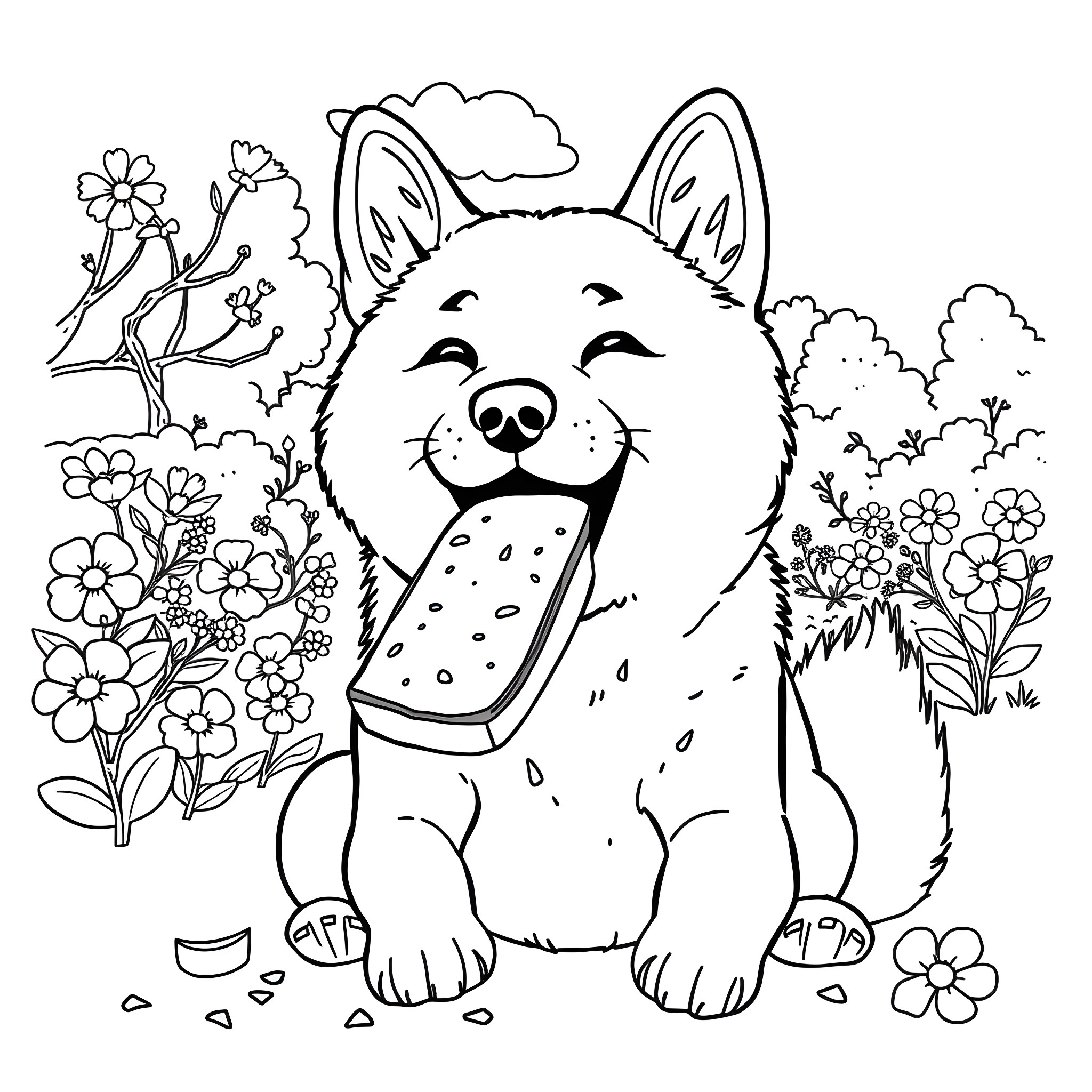 Shiba Inu enjoying a flower-filled scene Coloring Page (free black-and-white line drawing printable PDF for all, from beginners to advanced learners, including children, teens, adults, and seniors)
