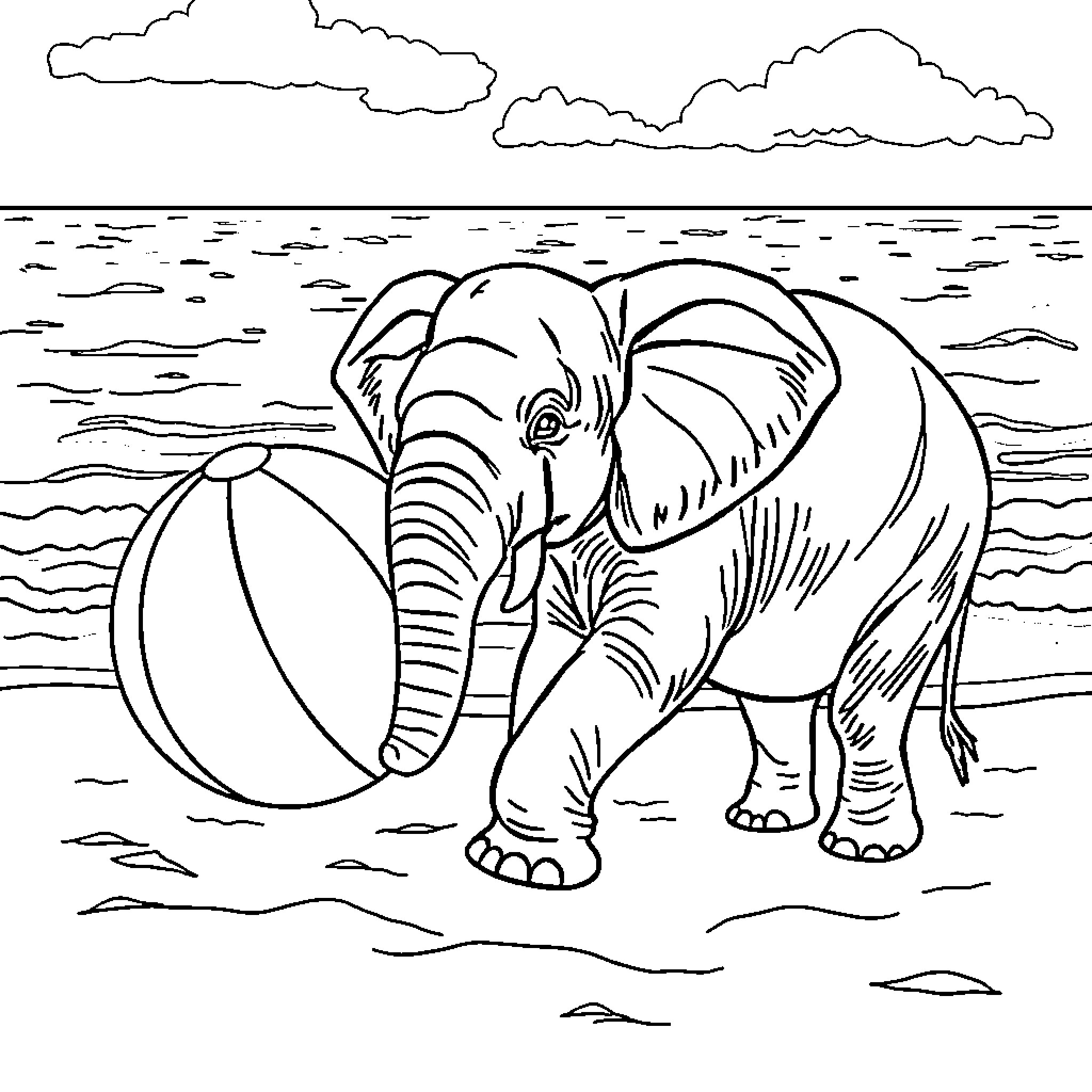 Elephant playing with a beach ball on the shore Coloring Page (free black-and-white line drawing printable PDF for all, from beginners to advanced learners, including children, teens, adults, and seniors)