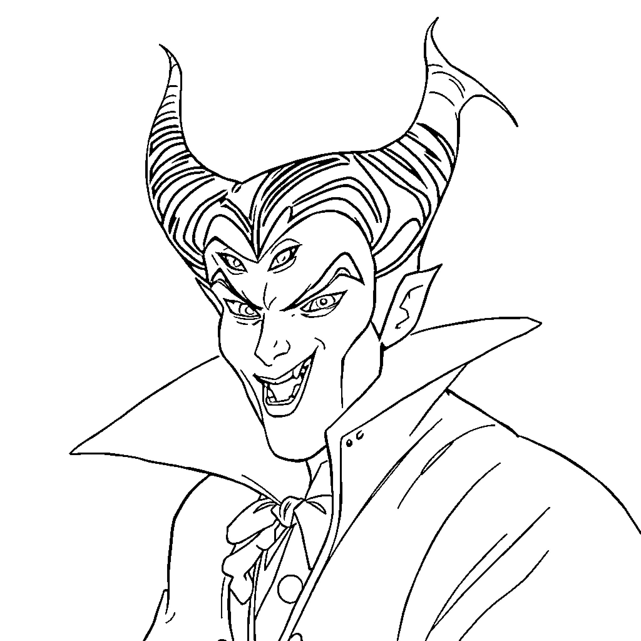 Villain with Horned Headdress and Menacing Expression Coloring Page (free black-and-white line drawing printable PDF for all, from beginners to advanced learners, including children, teens, adults, and seniors)