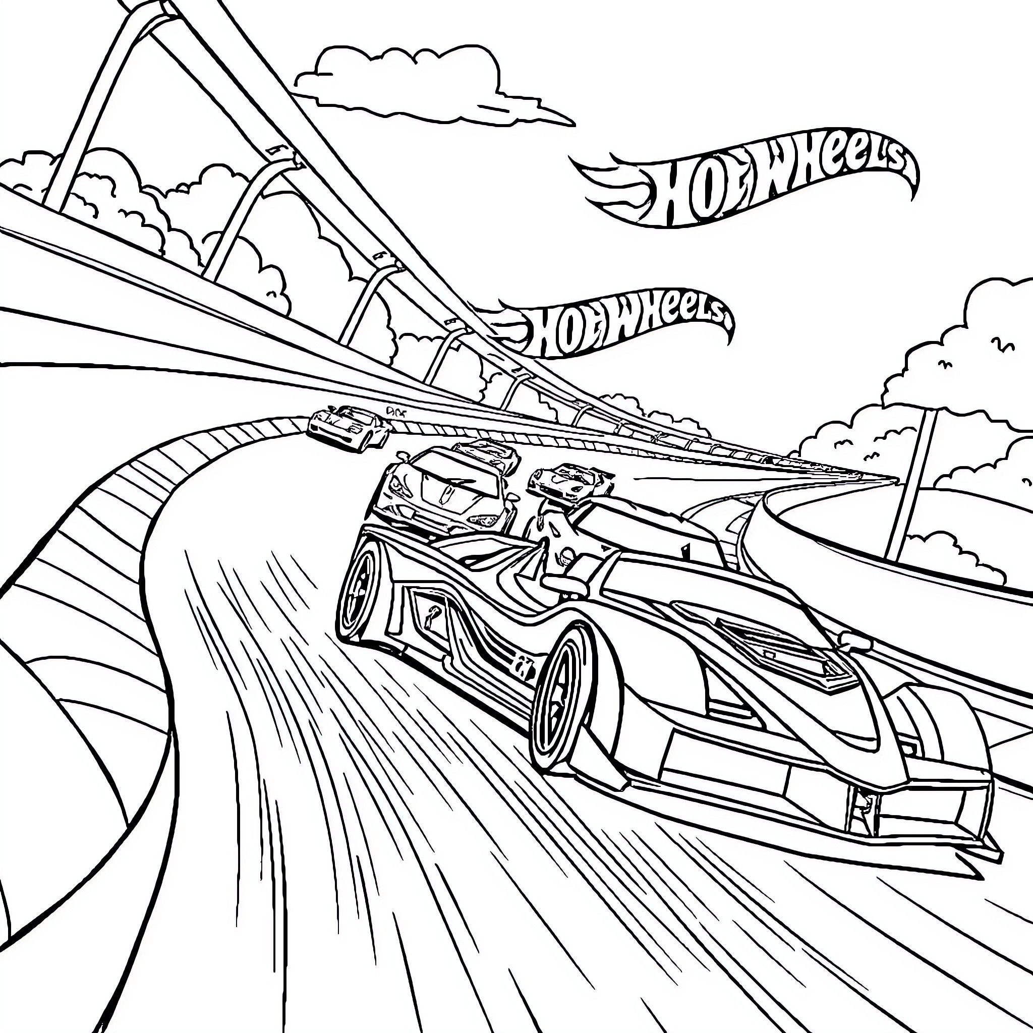 Hot Wheels racing down a thrilling track Coloring Page (free black-and-white line drawing printable PDF for all, from beginners to advanced learners, including children, teens, adults, and seniors)