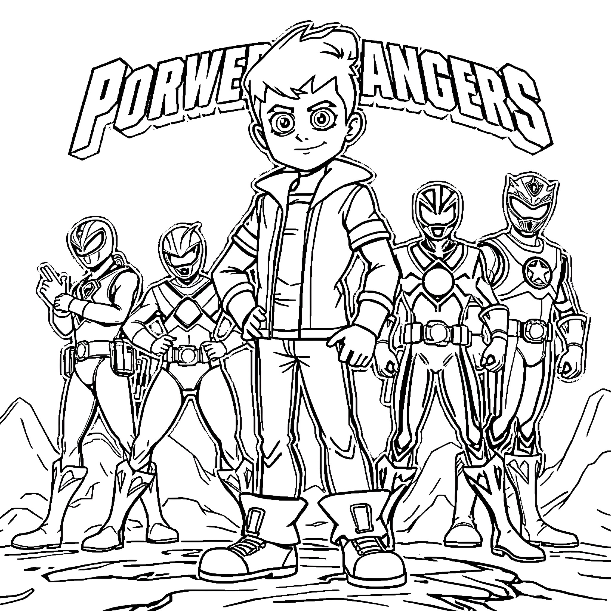 Ben 10 and the Power Rangers team up for an adventure Coloring Page (free black-and-white line drawing printable PDF for all, from beginners to advanced learners, including children, teens, adults, and seniors)