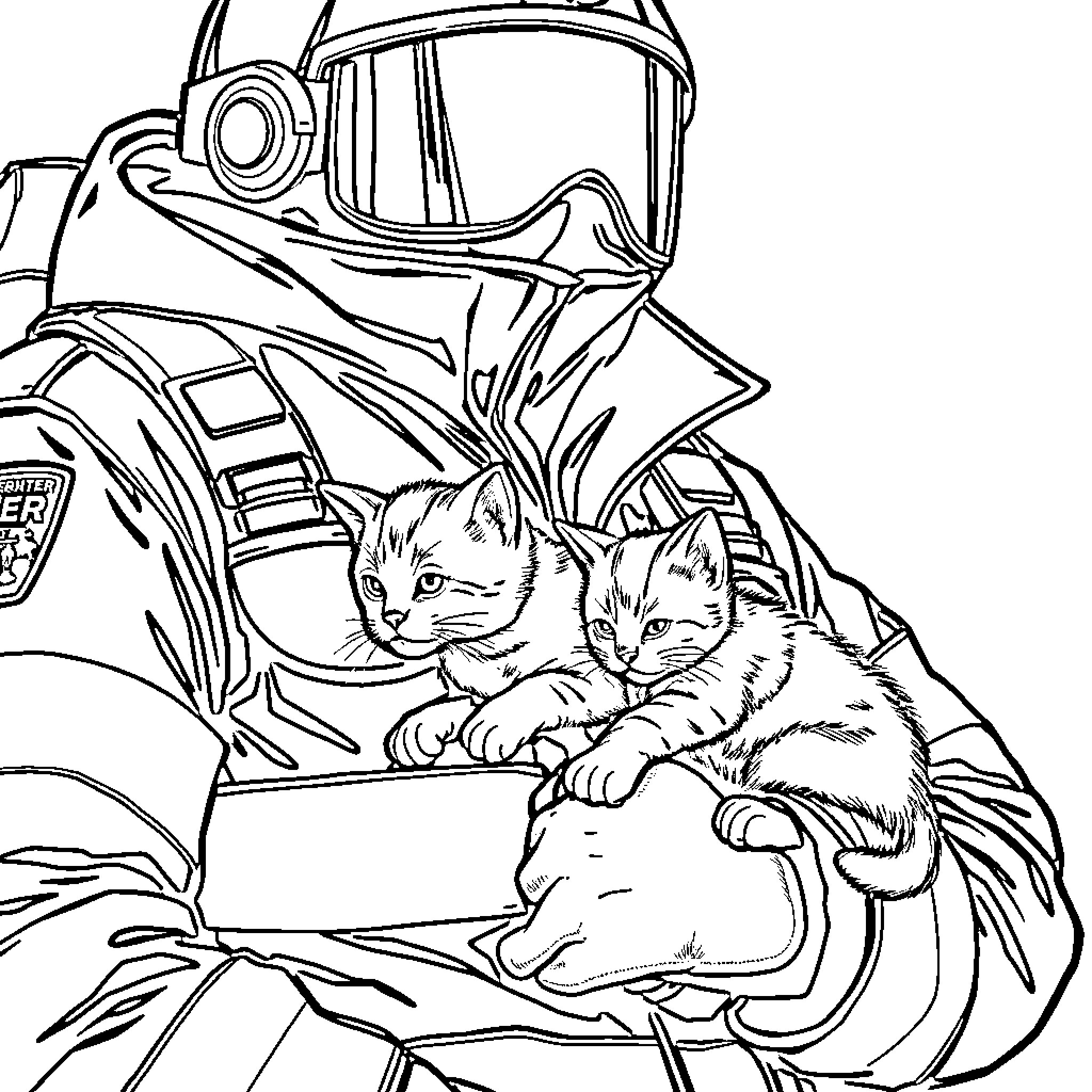Firefighter rescues kittens from emergency scene Coloring Page (free black-and-white line drawing printable PDF for all, from beginners to advanced learners, including children, teens, adults, and seniors)