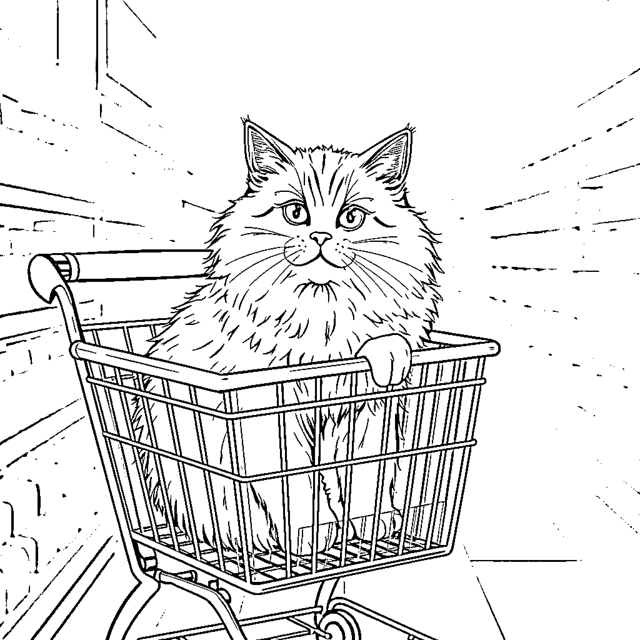 Cat riding in shopping cart Coloring Page (free black-and-white line drawing printable PDF for all, from beginners to advanced learners, including children, teens, adults, and seniors)