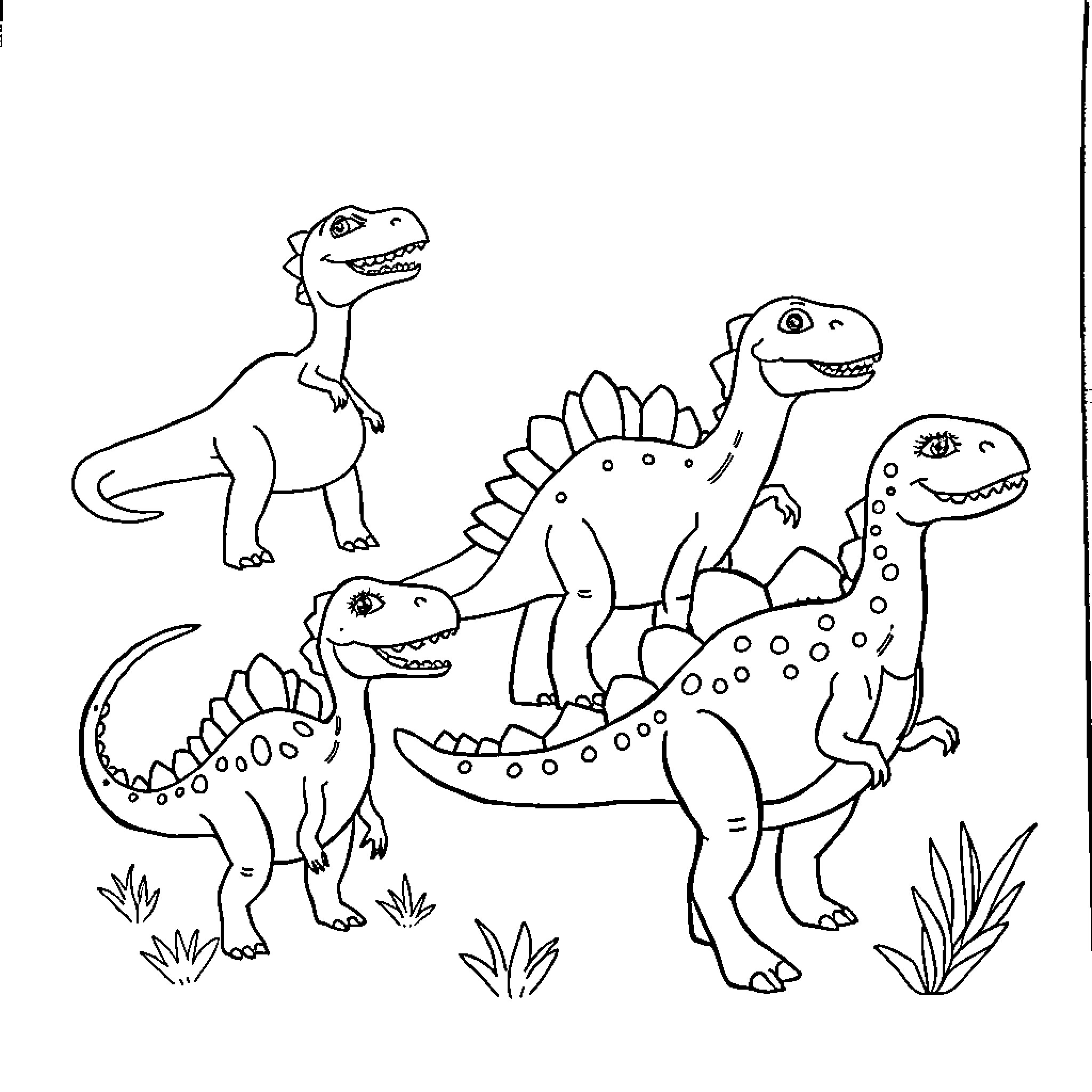 Dinosaurs playing and exploring in nature Coloring Page (free black-and-white line drawing printable PDF for all, from beginners to advanced learners, including children, teens, adults, and seniors)