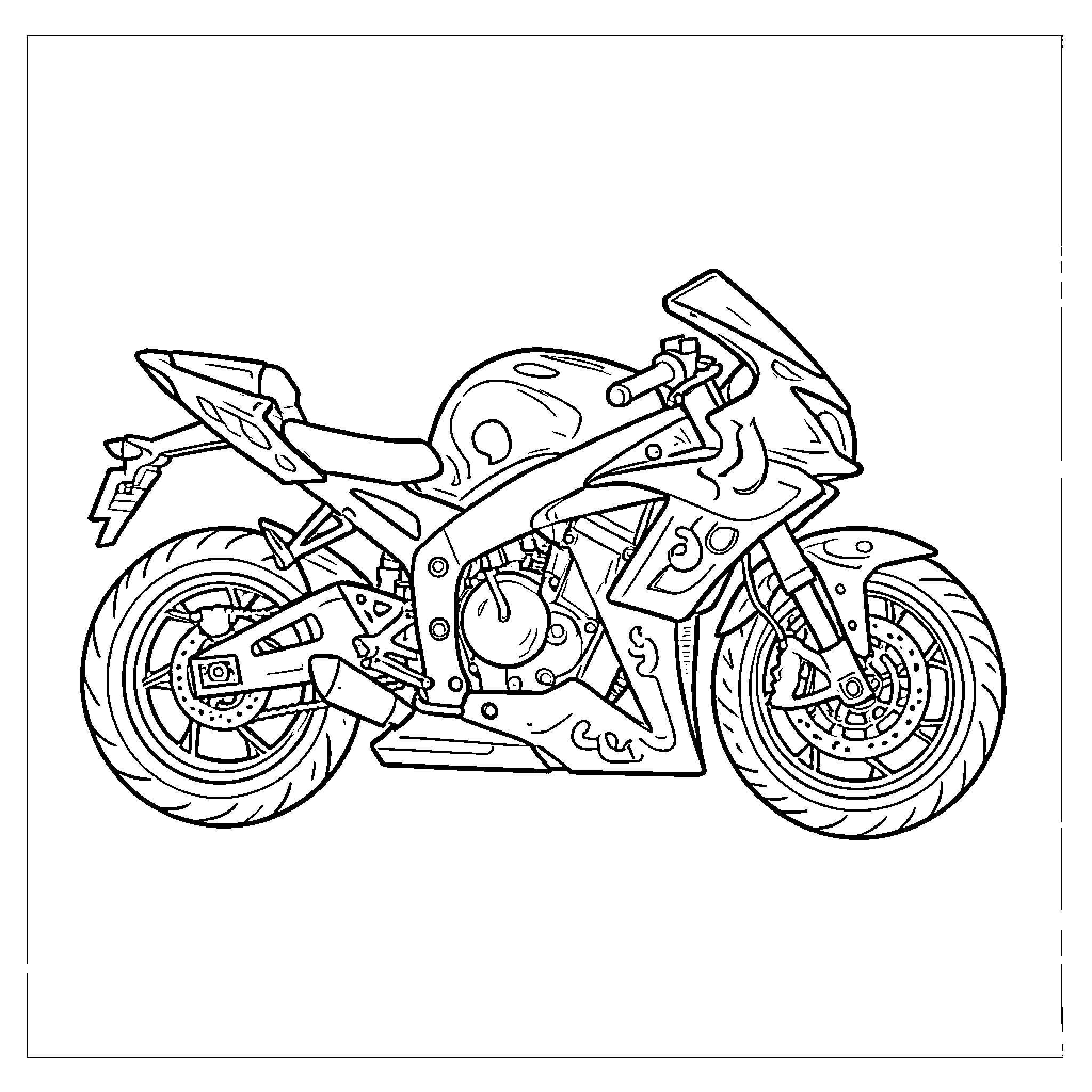 Moto parked and ready for a fast ride Coloring Page (free black-and-white line drawing printable PDF for all, from beginners to advanced learners, including children, teens, adults, and seniors)