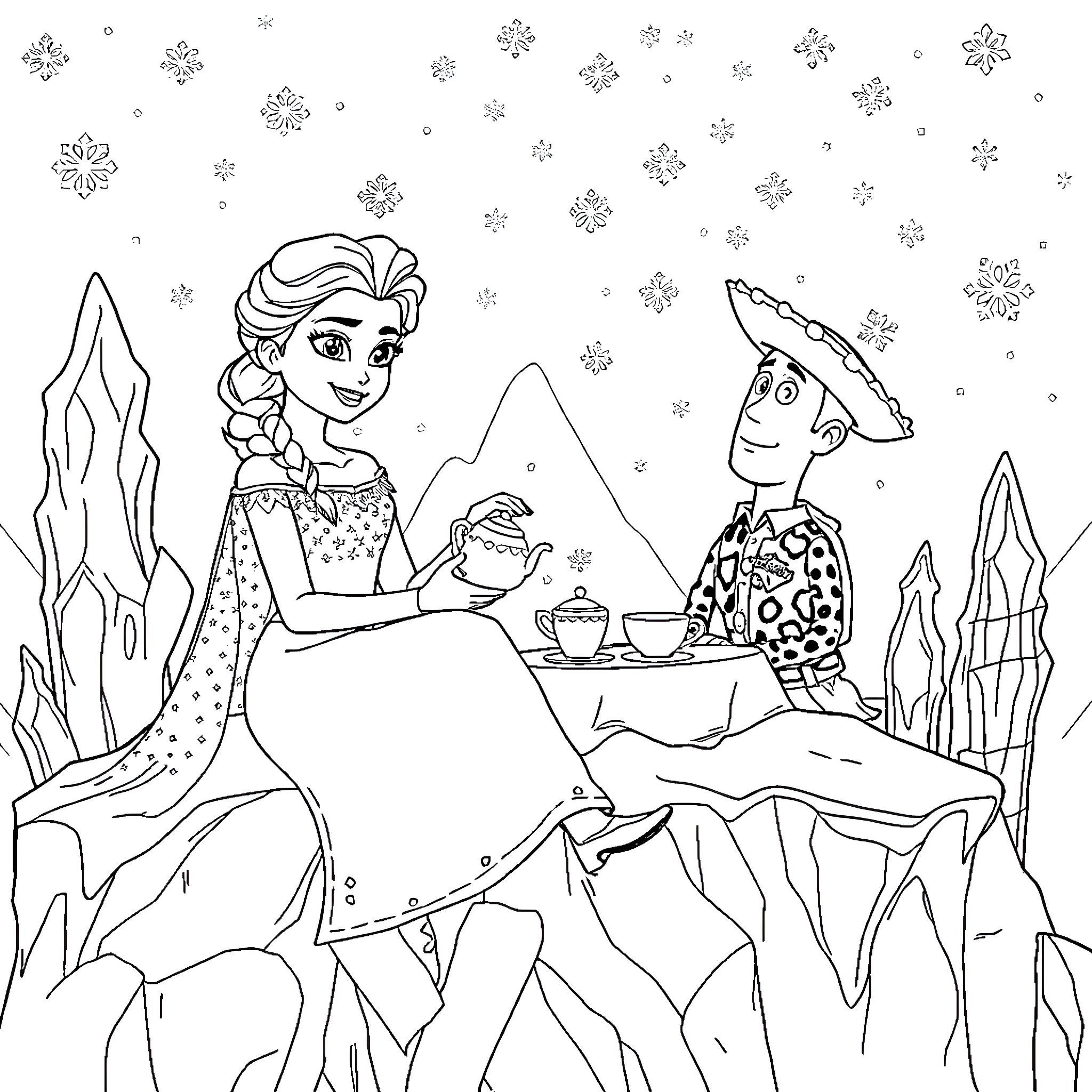Elsa enjoying a winter tea party with Olaf Coloring Page (free black-and-white line drawing printable PDF for all, from beginners to advanced learners, including children, teens, adults, and seniors)