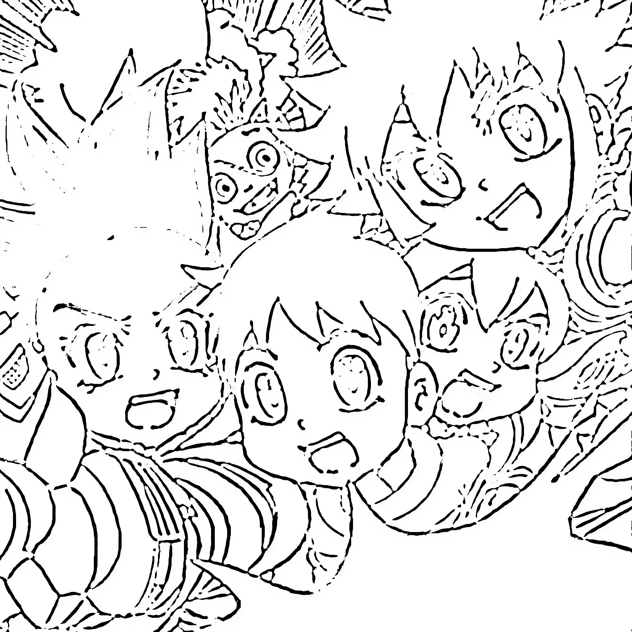 Anime-style characters in playful and expressive poses Coloring Page (free black-and-white line drawing printable PDF for all, from beginners to advanced learners, including children, teens, adults, and seniors)