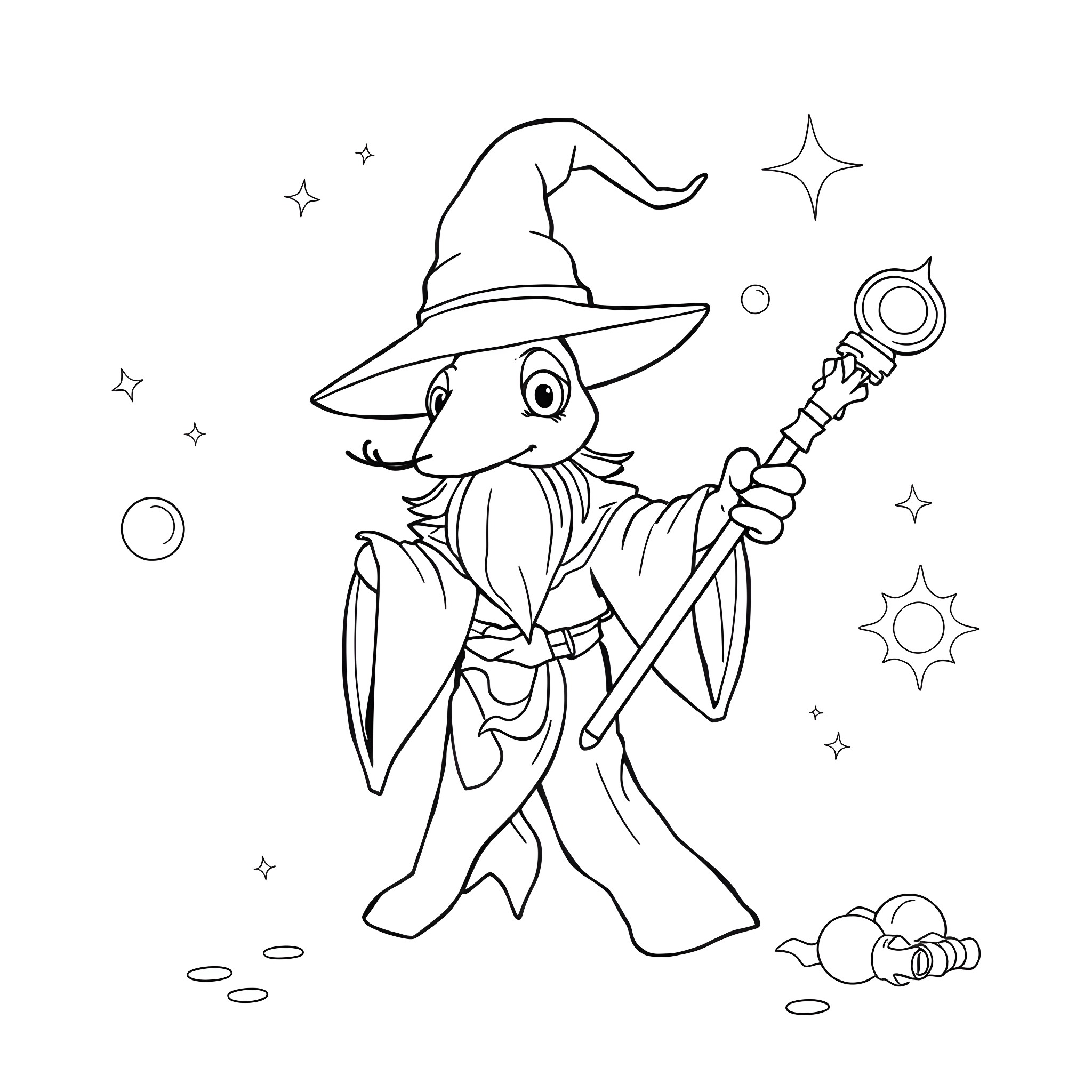Shrimp wizard casting magic spell Coloring Page (free black-and-white line drawing printable PDF for all, from beginners to advanced learners, including children, teens, adults, and seniors)