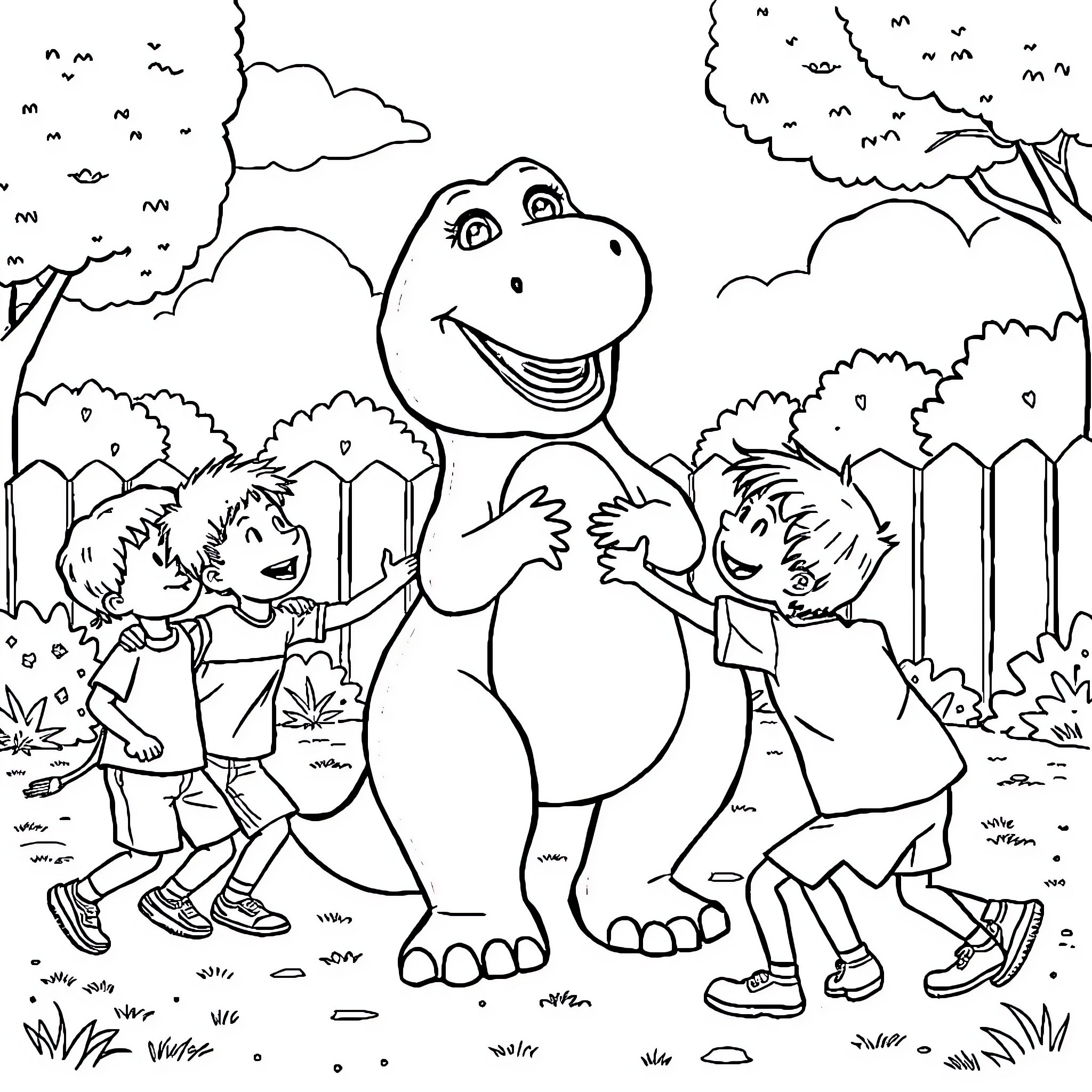 Barney playing joyfully with children in the park Coloring Page (free black-and-white line drawing printable PDF for all, from beginners to advanced learners, including children, teens, adults, and seniors)
