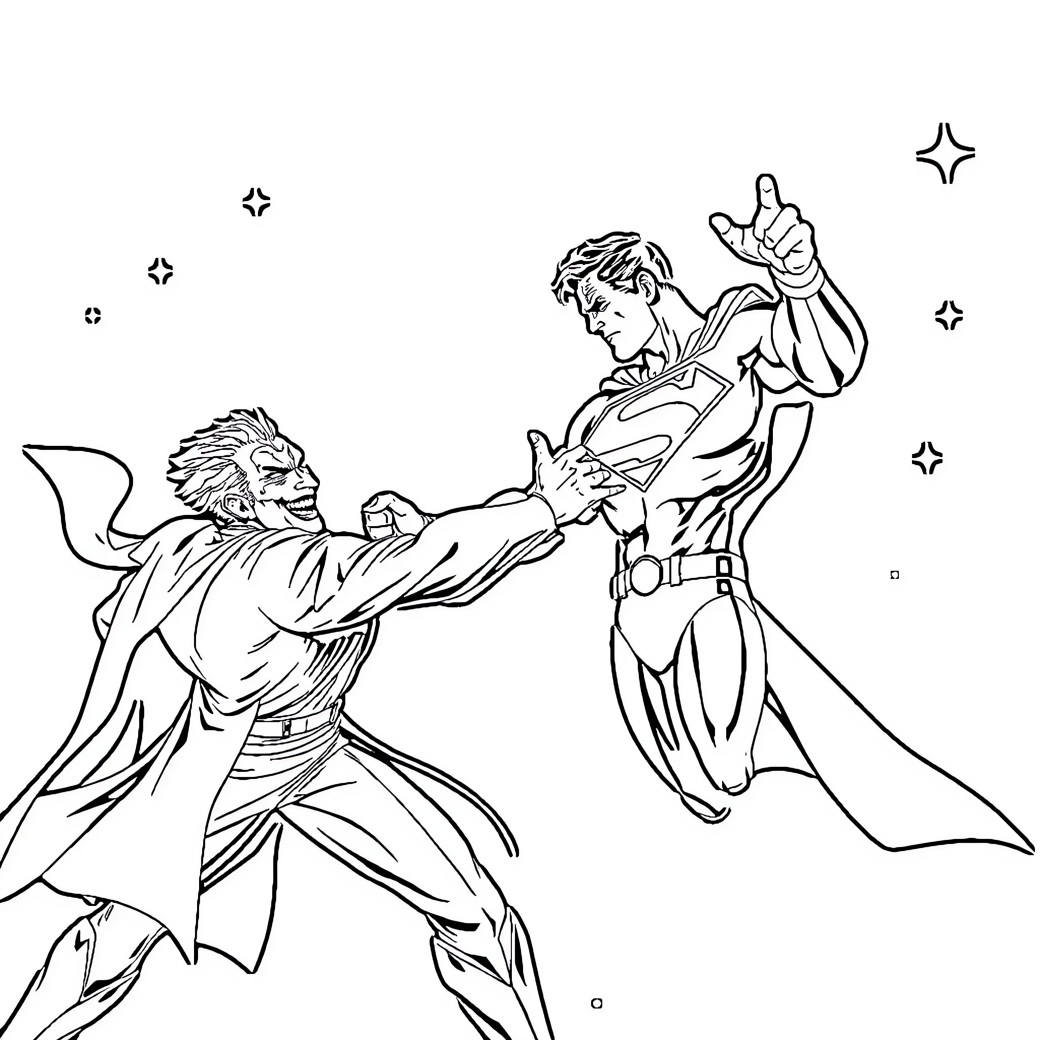 Superman battles a powerful opponent in a cosmic scene Coloring Page (free black-and-white line drawing printable PDF for all, from beginners to advanced learners, including children, teens, adults, and seniors)