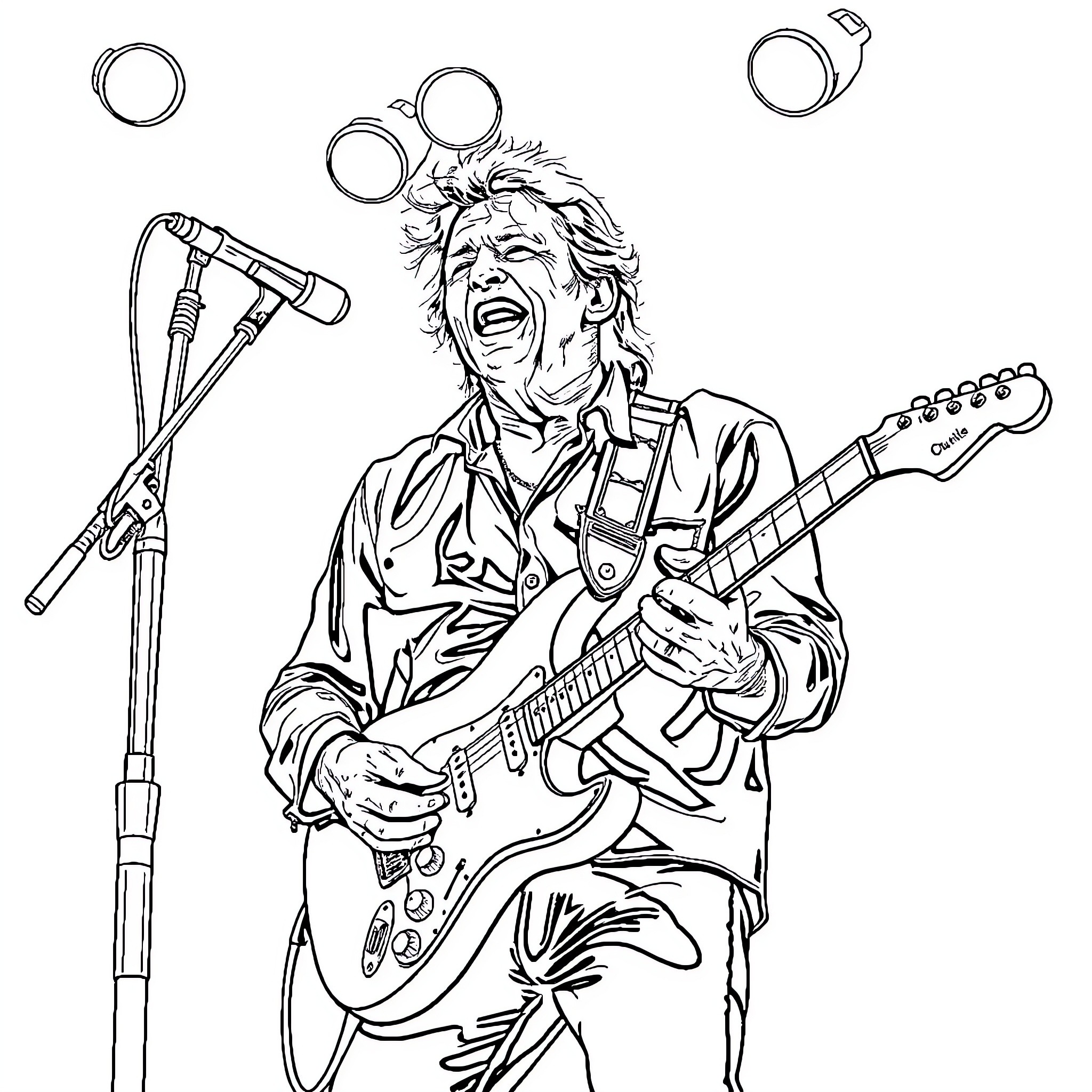 Stevie Ray Vaughan performing on stage with guitar Coloring Page (free black-and-white line drawing printable PDF for all, from beginners to advanced learners, including children, teens, adults, and seniors)
