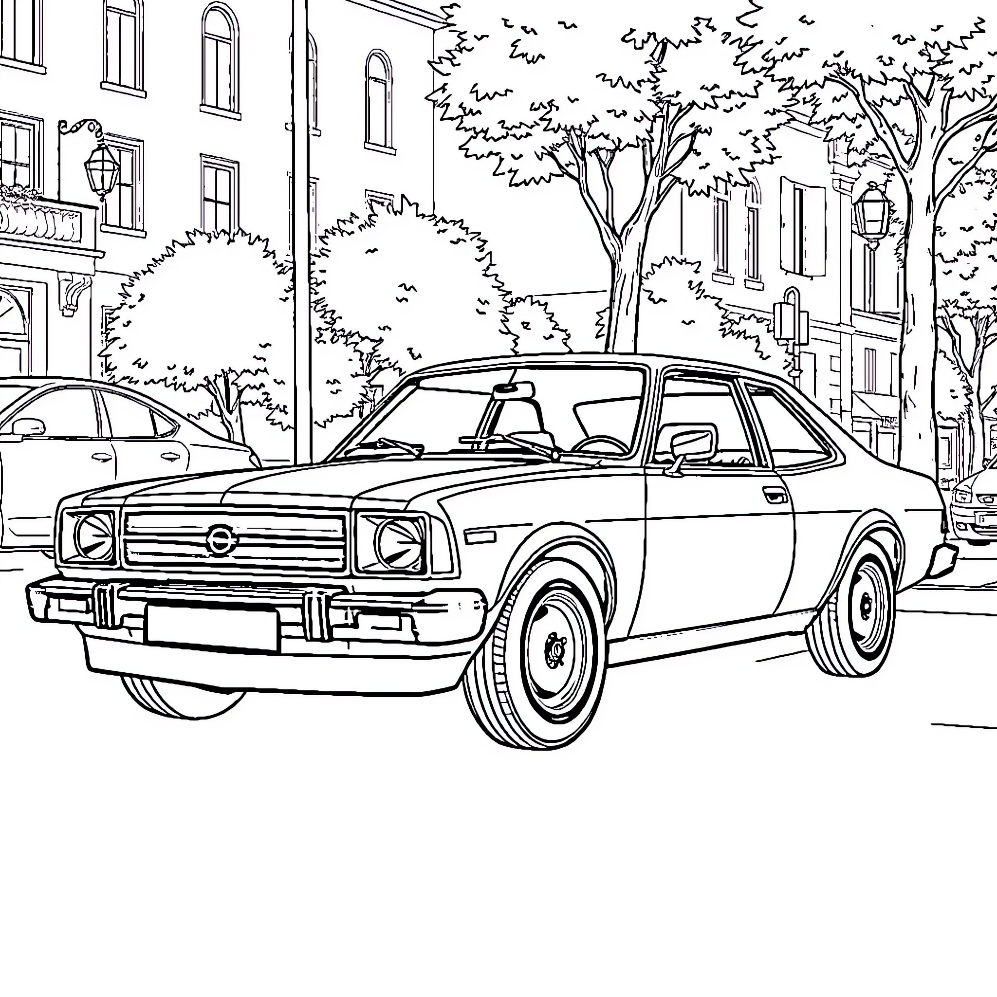 Opel Kadett parked on city street Coloring Page (free black-and-white line drawing printable PDF for all, from beginners to advanced learners, including children, teens, adults, and seniors)