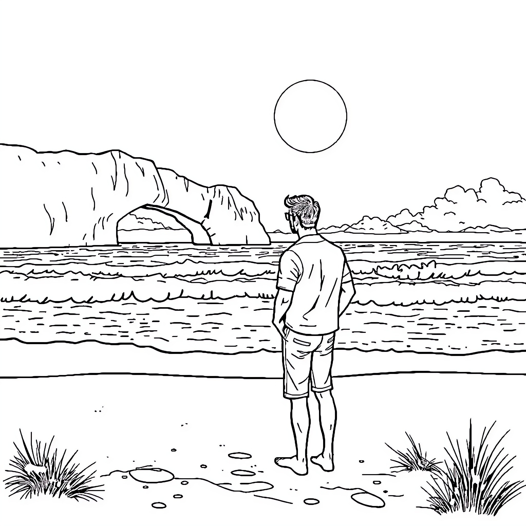 Sterling Archer stands on the beach at sunset Coloring Page (free black-and-white line drawing printable PDF for all, from beginners to advanced learners, including children, teens, adults, and seniors)