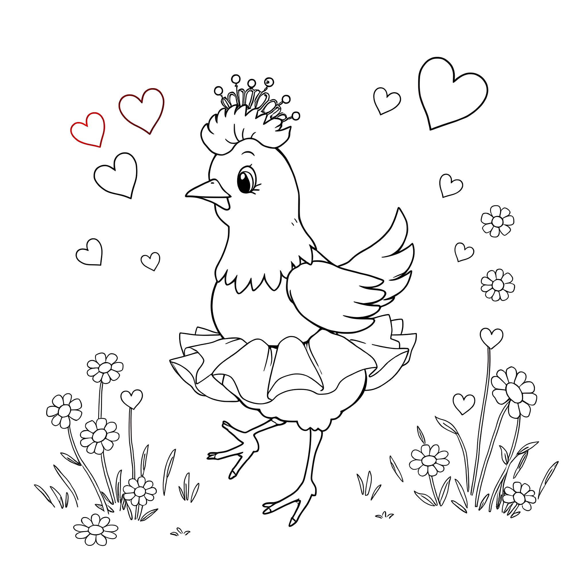 Chicken in a flowery meadow with hearts Coloring Page (free black-and-white line drawing printable PDF for all, from beginners to advanced learners, including children, teens, adults, and seniors)