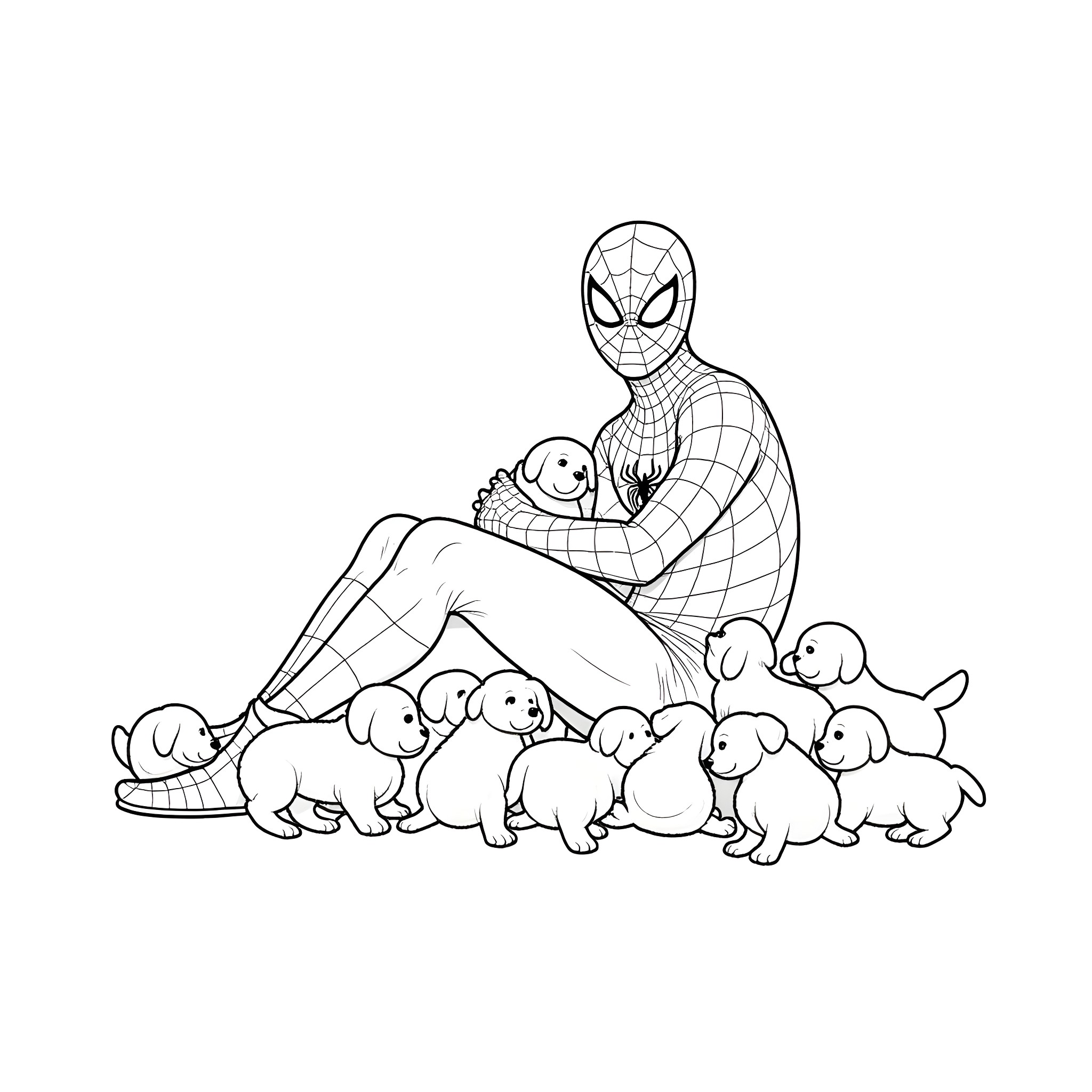Spider-Man surrounded by puppies in a playful scene Coloring Page (free black-and-white line drawing printable PDF for all, from beginners to advanced learners, including children, teens, adults, and seniors)