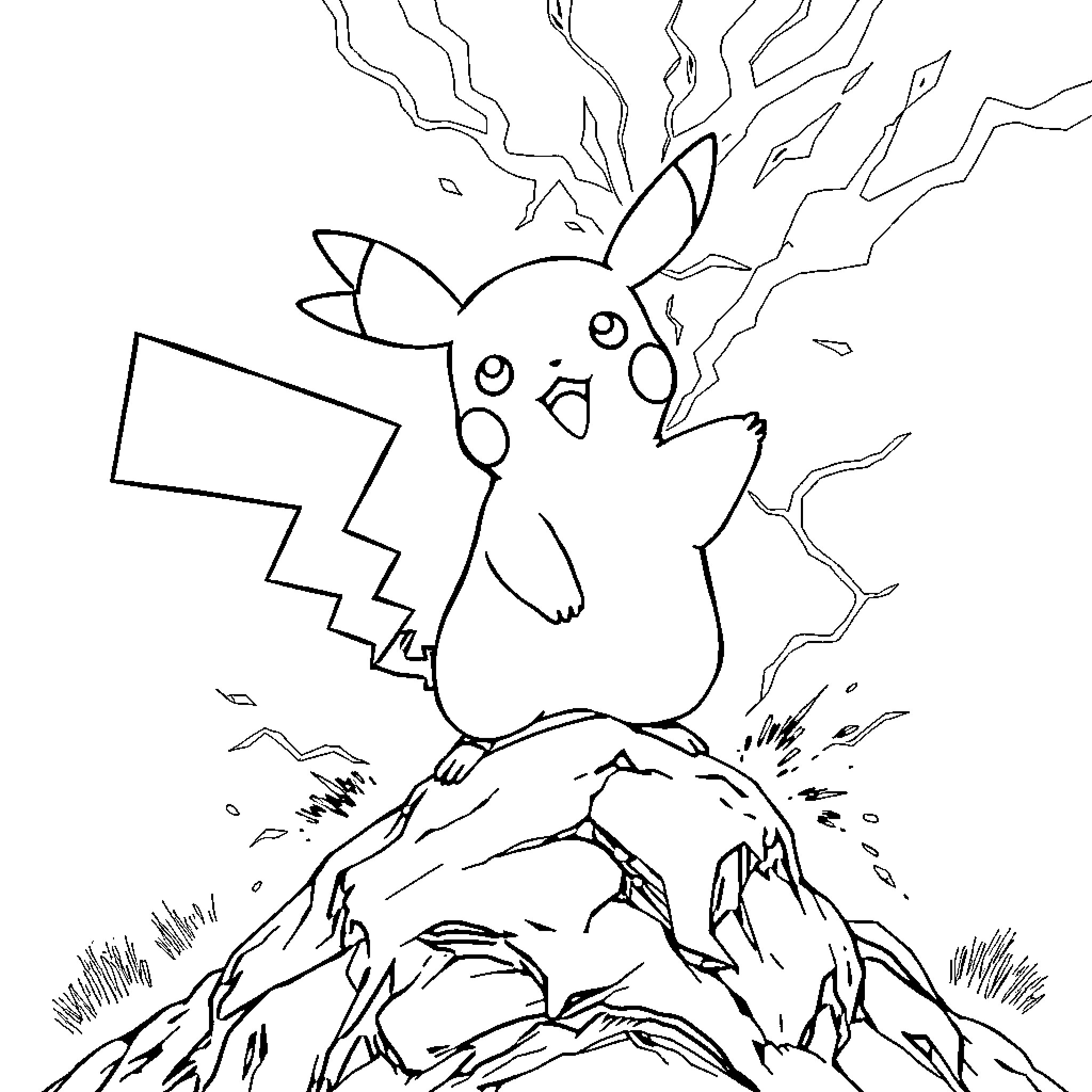 Pikachu unleashing powerful electric attack from cliffs Coloring Page (free black-and-white line drawing printable PDF for all, from beginners to advanced learners, including children, teens, adults, and seniors)