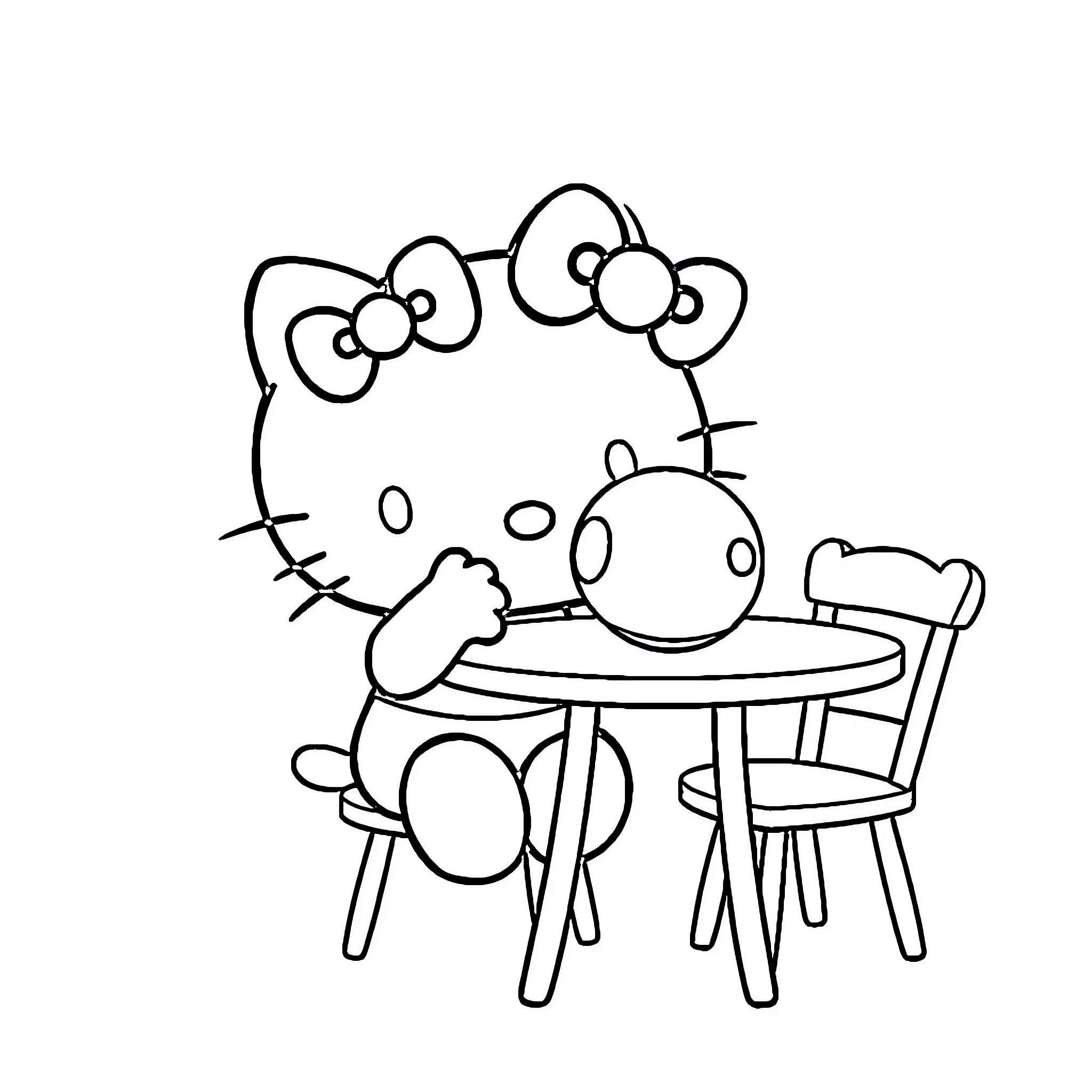 Hello Kitty enjoying a cozy tea party Coloring Page (free black-and-white line drawing printable PDF for all, from beginners to advanced learners, including children, teens, adults, and seniors)