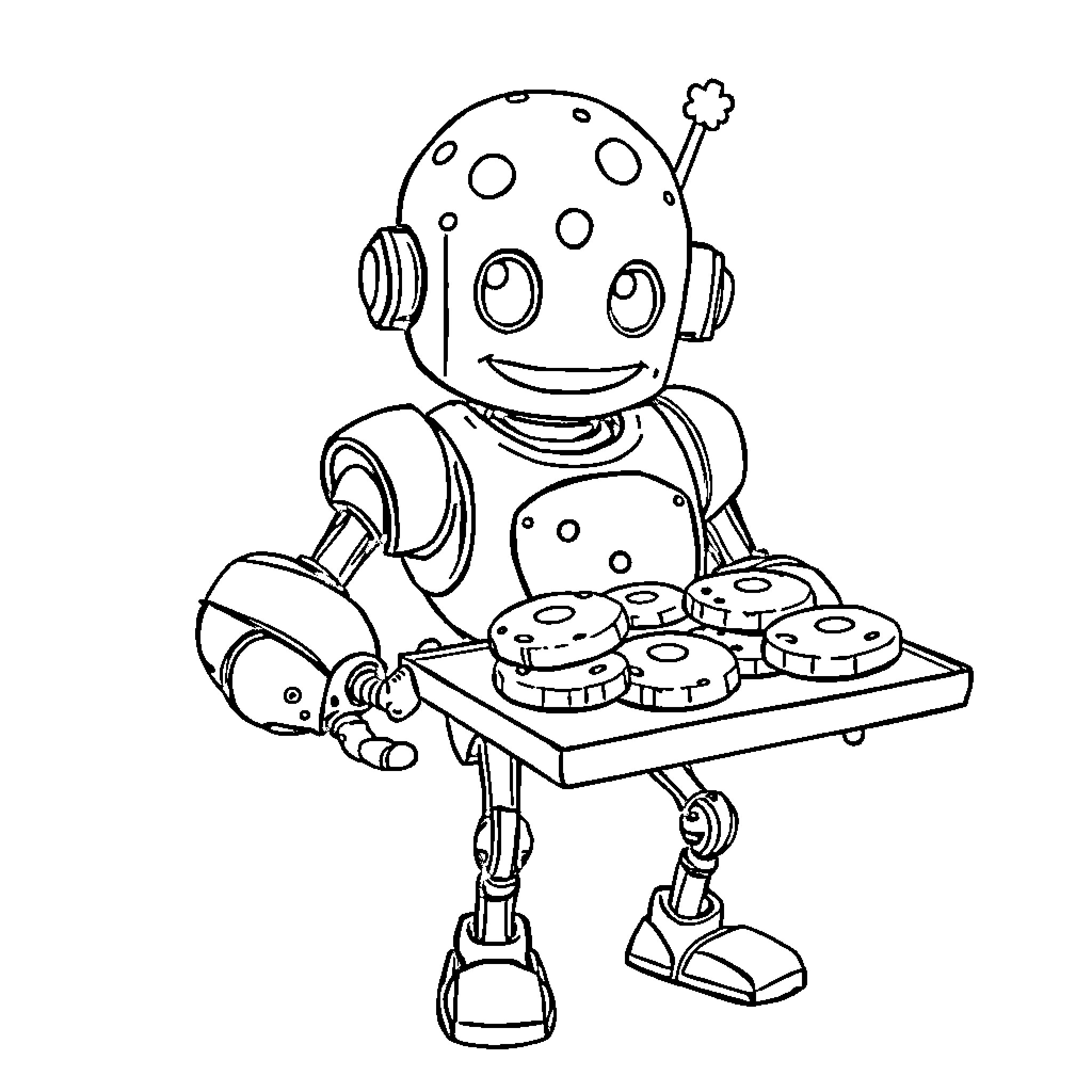 Cookie Robot baking delicious treats Coloring Page (free black-and-white line drawing printable PDF for all, from beginners to advanced learners, including children, teens, adults, and seniors)