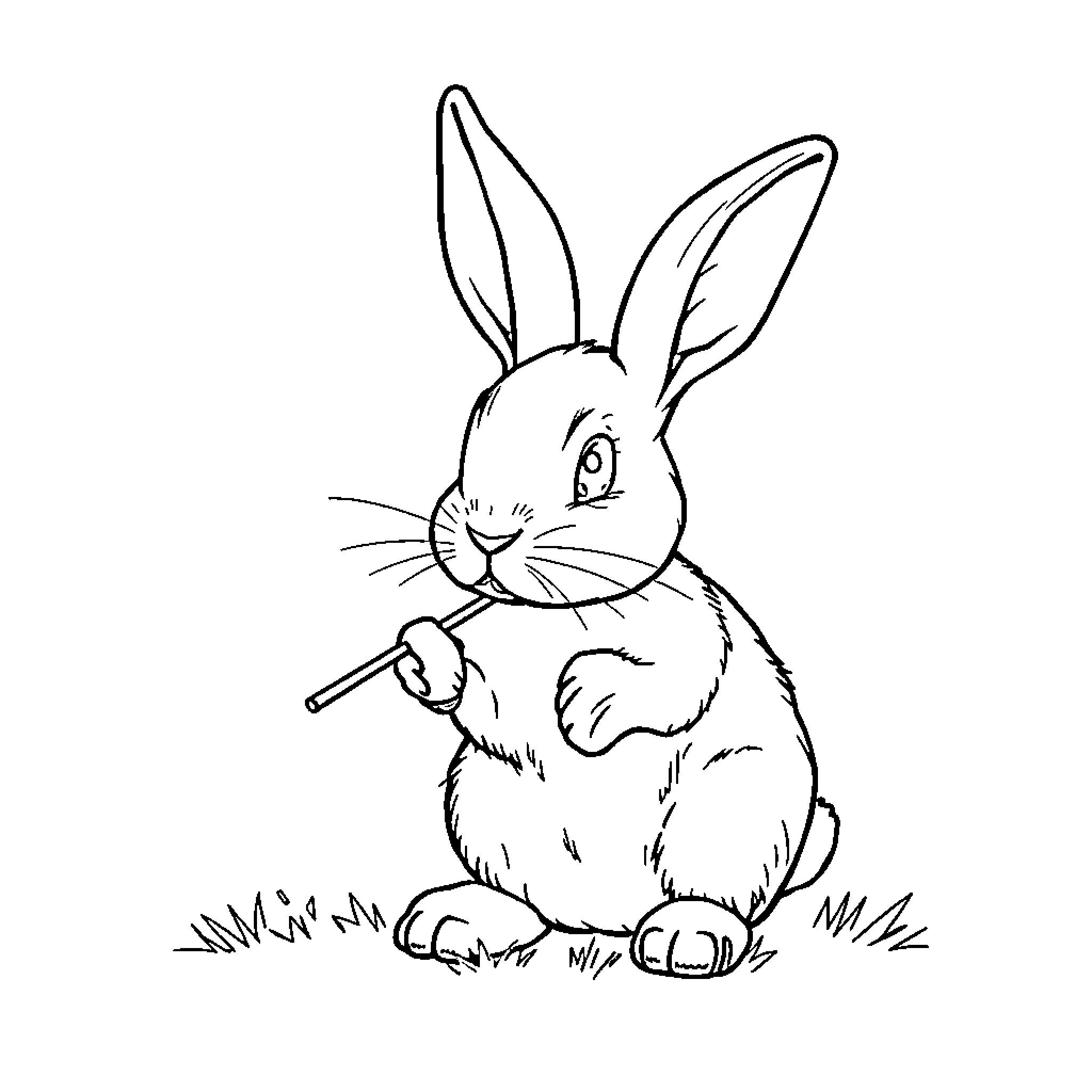 Rabbit holding a stick in the grass Coloring Page (free black-and-white line drawing printable PDF for all, from beginners to advanced learners, including children, teens, adults, and seniors)