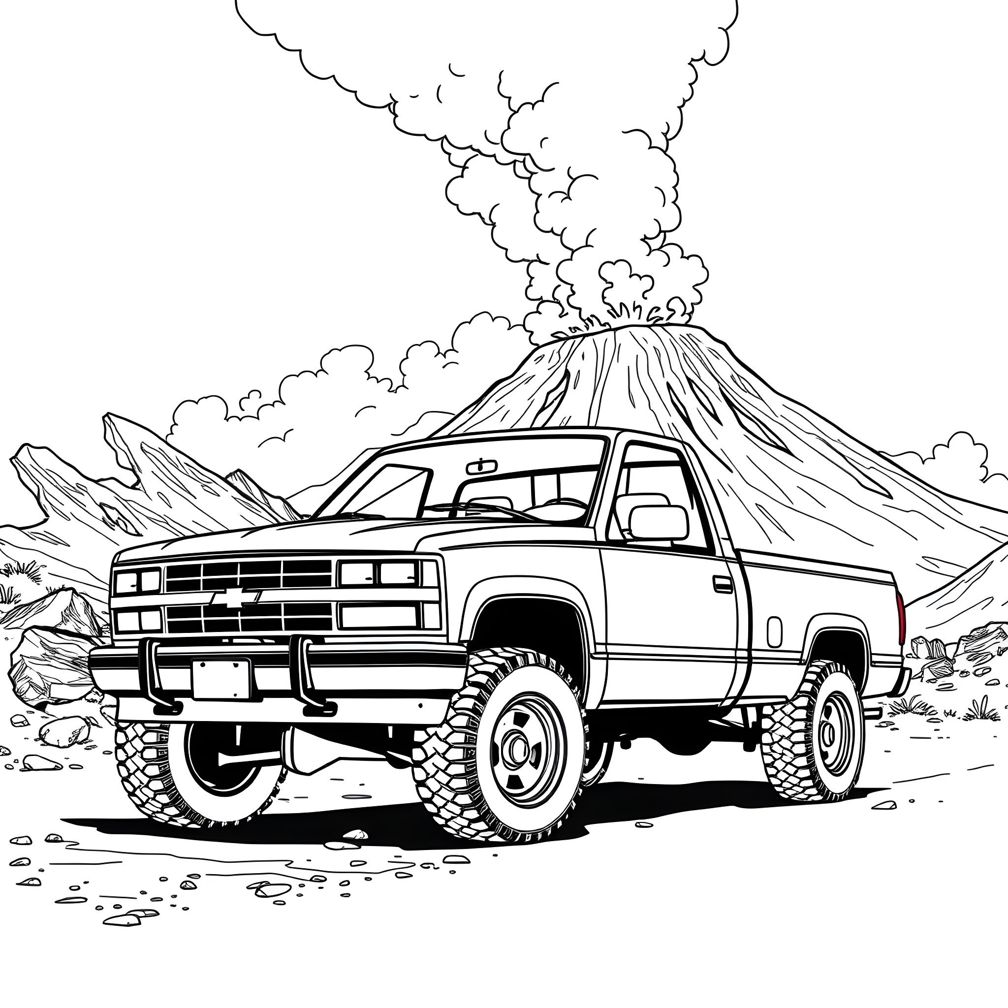 Chevrolet Silverado Driving Through Rugged Mountainous Terrain Coloring Page (free black-and-white line drawing printable PDF for all, from beginners to advanced learners, including children, teens, adults, and seniors)