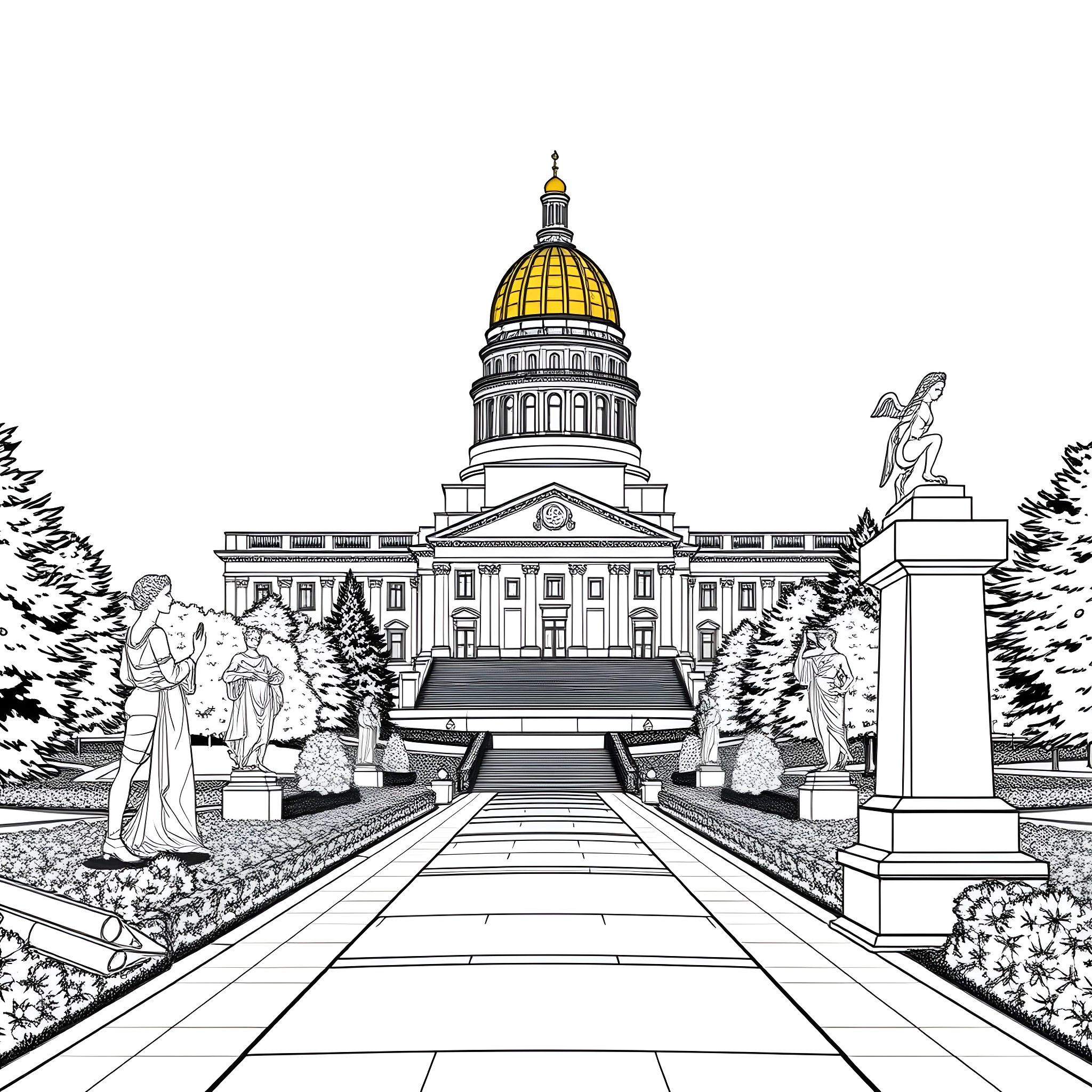 Capitol Building with Ornate Architectural Details and Statues Coloring Page (free black-and-white line drawing printable PDF for all, from beginners to advanced learners, including children, teens, adults, and seniors)