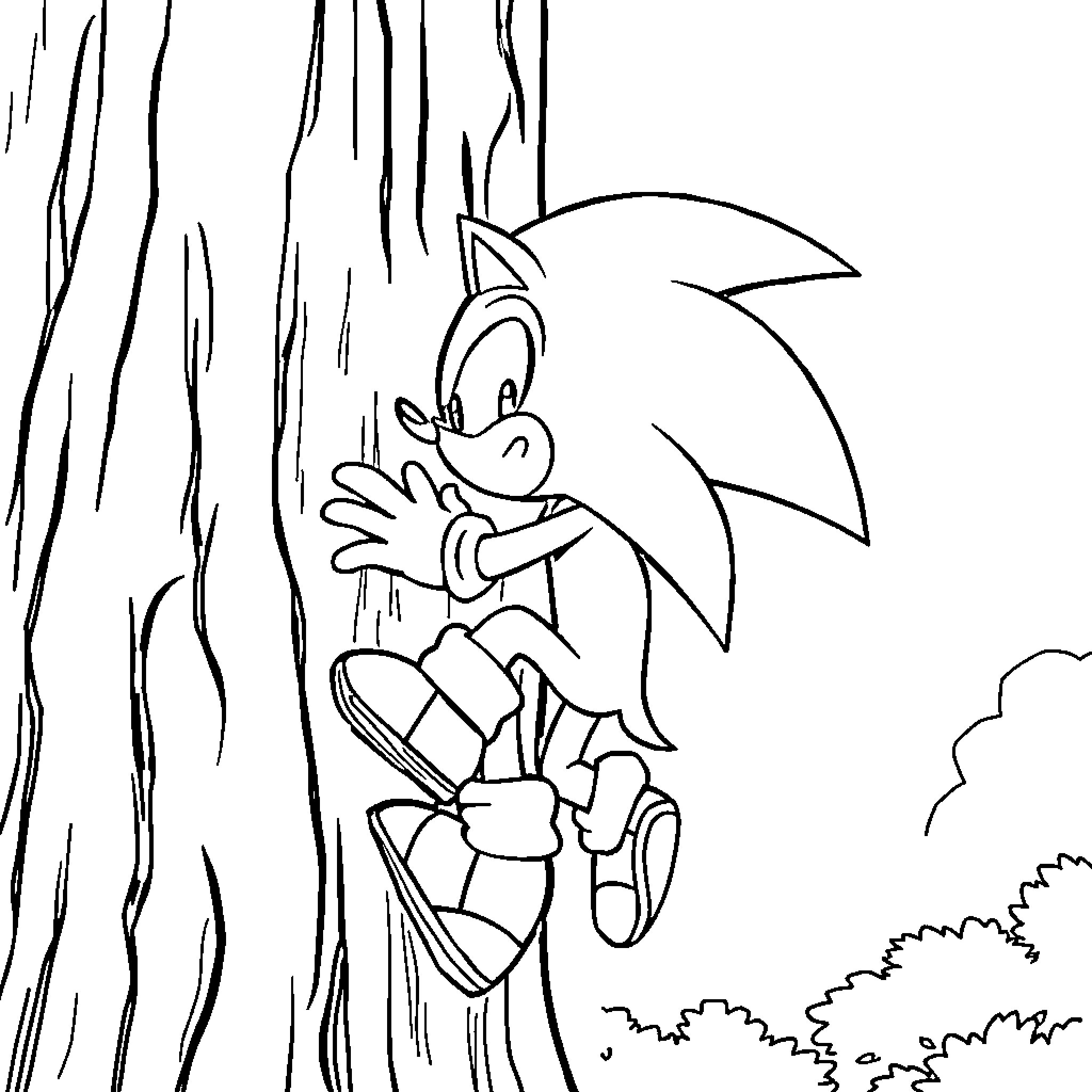 Sonic climbing up a tree trunk Coloring Page (free black-and-white line drawing printable PDF for all, from beginners to advanced learners, including children, teens, adults, and seniors)